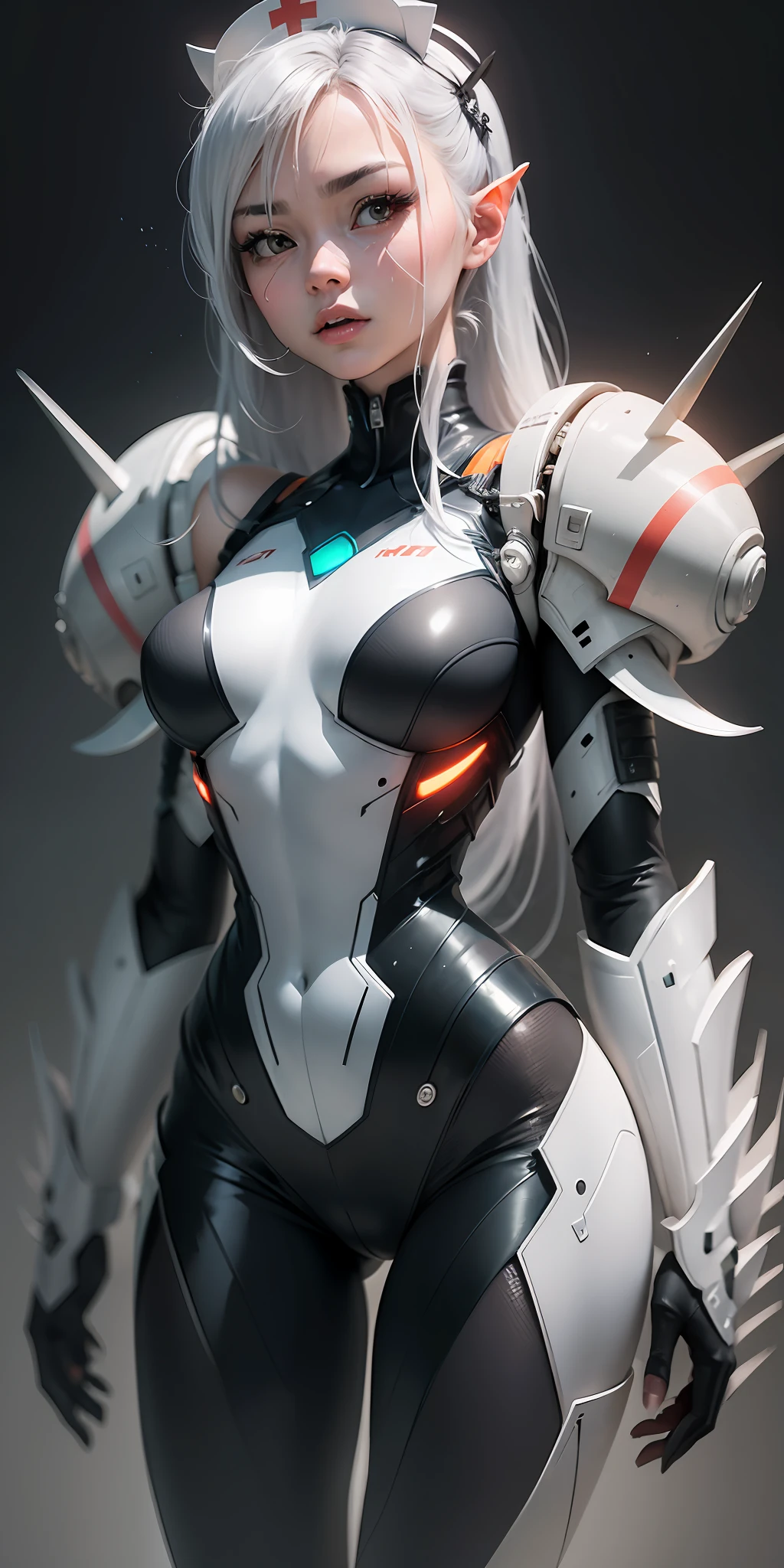 ((Masterpiece Quality)),(Beautiful animated graphics ),(Character Design), HQhigh-resolution,studio shot,Extremely detailed,Super Cute Cute Moe in Anime,(Character Design),((girl with)),((The upper part of the body_Body)), ((Dynamic angles)), Based on the following visual characteristics、Generates high-quality full-body images of Nurse Warrior Akira. The background should be white. Wearing a white nurse uniform. Possessed by alien life forms that form powerful exoskeletons. The upper is raised like a football shoulder pad, Large red spines grow from it. The exoskeleton is rounded, Milky White, Crustacean-like spines grow on the shoulders, Chest, and Waist, Covering Akira's entire body. Muscles are strengthened、bulging veins are visible, Red vein-like pattern covering the whole body. Exoskeletons are exposed in specific areas, Make an intense impression. Even though I'm a woman, Her appearance became muscular, And her skin is silver. Characteristics of women are、Significantly developed for the purpose of breeding alien life forms. Akira has two long antennae growing from his head, With glowing green eyes. Her hair resembles a scorpion's tail, A thick, Sharp needle at the tip. Her mouth was open and、、、、、、、、、、、、Teeth are exposed, And her facial expression is emotionless due to the possession of alien life forms. --auto