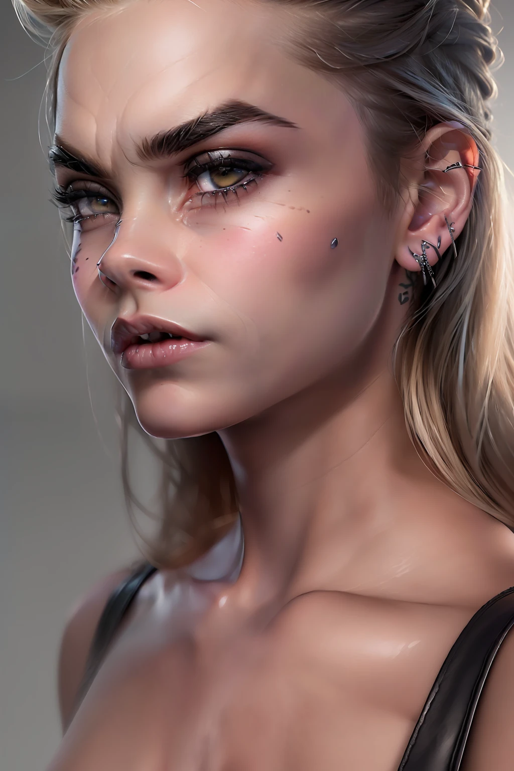 (((Cara Delevingne)), ((sie guckt verliebt)), ((she has round breasts)), (she wears a black leather dress), ((punk)), (kleiner Kopf), ((detailliertes Gesicht)), (fotorealistisch), (Raytracing), (scharfer Fokus), ((natural realistic skin texture)), detaillierte Lippen, (bottom_view)