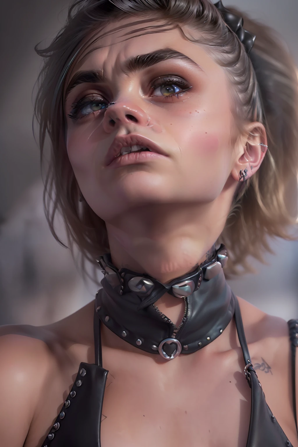 (((Cara Delevingne)), ((sie guckt verliebt)), ((she has round breasts)), (she wears a black leather dress), ((punk)), (kleiner Kopf), ((detailliertes Gesicht)), (fotorealistisch), (Raytracing), (scharfer Fokus), ((natural realistic skin texture)), detaillierte Lippen, (bottom_view)