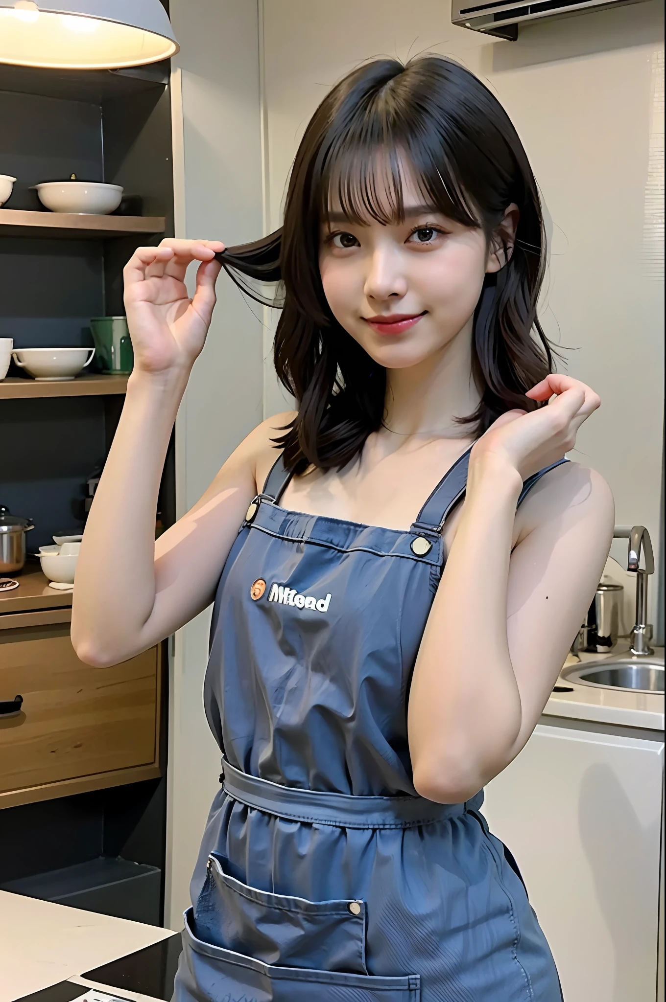 a woman is cooking、(kitchin_Apron:1.Wear 3)、Good Hand、4K、hight resolution、​masterpiece、top-quality、Cap:1.3、((Hasselblad photo))、Fine skin、foco nítido、(lighting like a movie)、Soft lighting、dynamic ungle、[:(详细的脸:1.2):0.2]、Medium chest、sweats streamed skin:1.2、(((In the kitchen))) Cute smile　Viewer's Perspective　Colossal tits　Tying hair　Sleeveless　Put out your upper arm　Shoulders are sticking out　Cleanliness　Large kitchen　Beautiful kitchen　wine glasses　posterior view　Behind　backs　Raise and tie your hair　Very small apron　Short apron　No bra　Eros Face