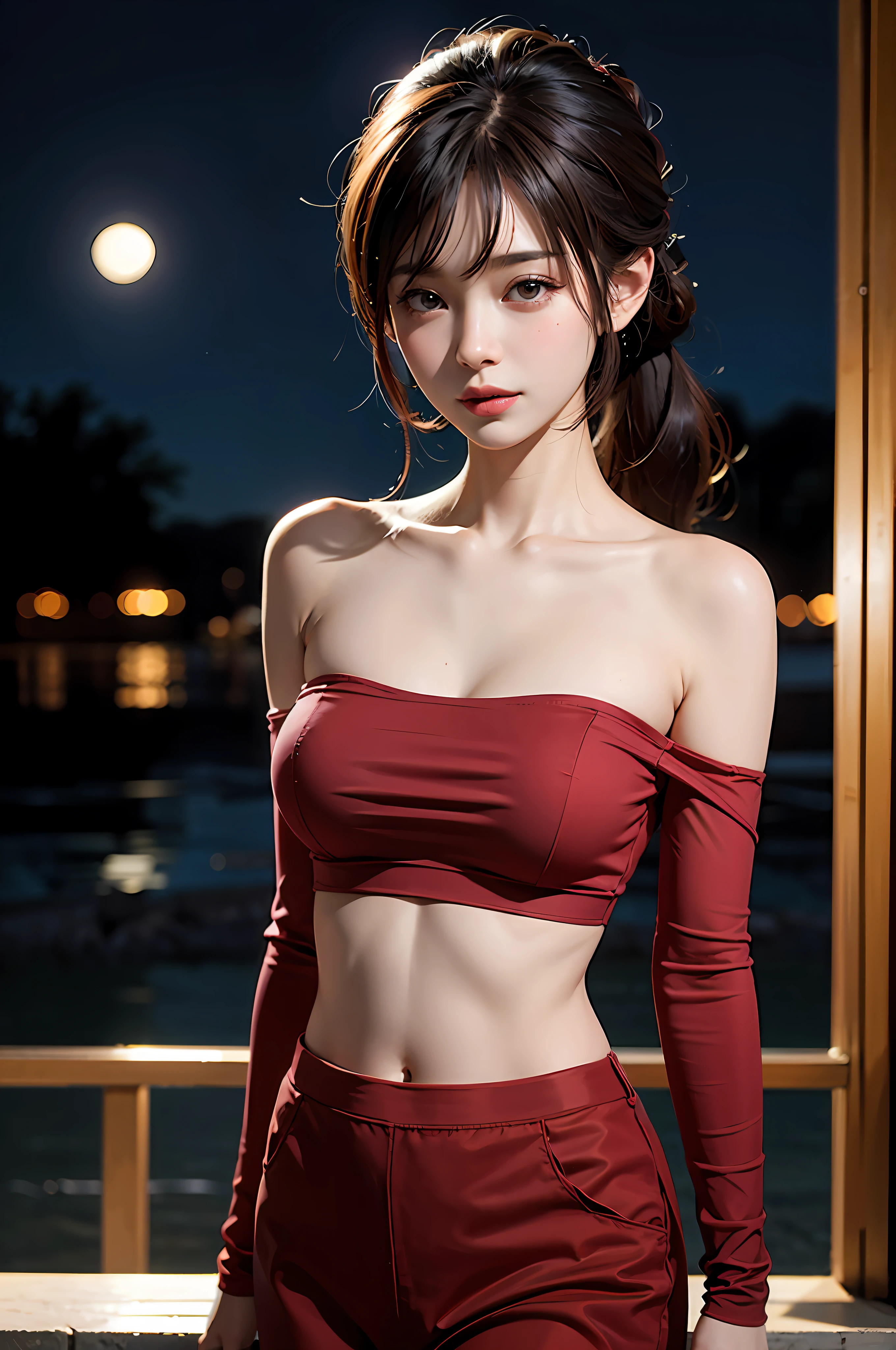 best qualtiy,sface focus,Look at the audience head-on,the soft light,(depth of fields),超高分辨率,(Photorealsitic:1.4),RAW photos,Bigchest,Red clothes,Open navel,Bare shoulders,By bangs,Long ponytail hairstyle,(sportrait:1.4),(From the front side)1girll,独奏,adolable,(Shy,ssmile:1.1),(with brown eye),Detailed beautiful face,(mid day_Hair), moon in the night,Walk,(off-the-shoulder shirts),