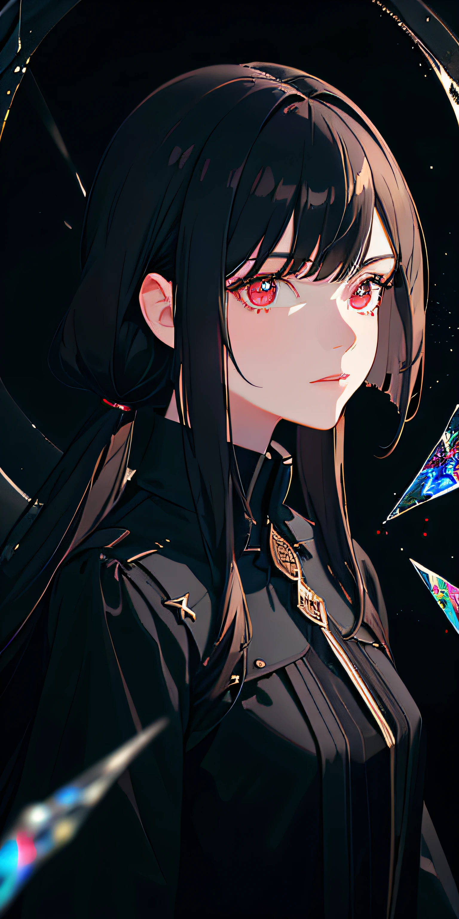 (Masterpiece, Best quality, Ultra-detailed, Best shadow), (Detailed background,Dark fantasy), (Beautiful detailed face), High contrast, (Best illumination, An extremely delicate and beautiful), ((Cinematic light)), Colorful, hyper-detailing, Dramaticlight, Intricate details, (1 girl, Solo,Black hair, sharpy face,Low Twin Tails,Red eyes, hair between eye,Dynamic Angle), blood spatter, swirling black light around character, Depth of field,Black light particles,(Broken glass),Magical Circle,