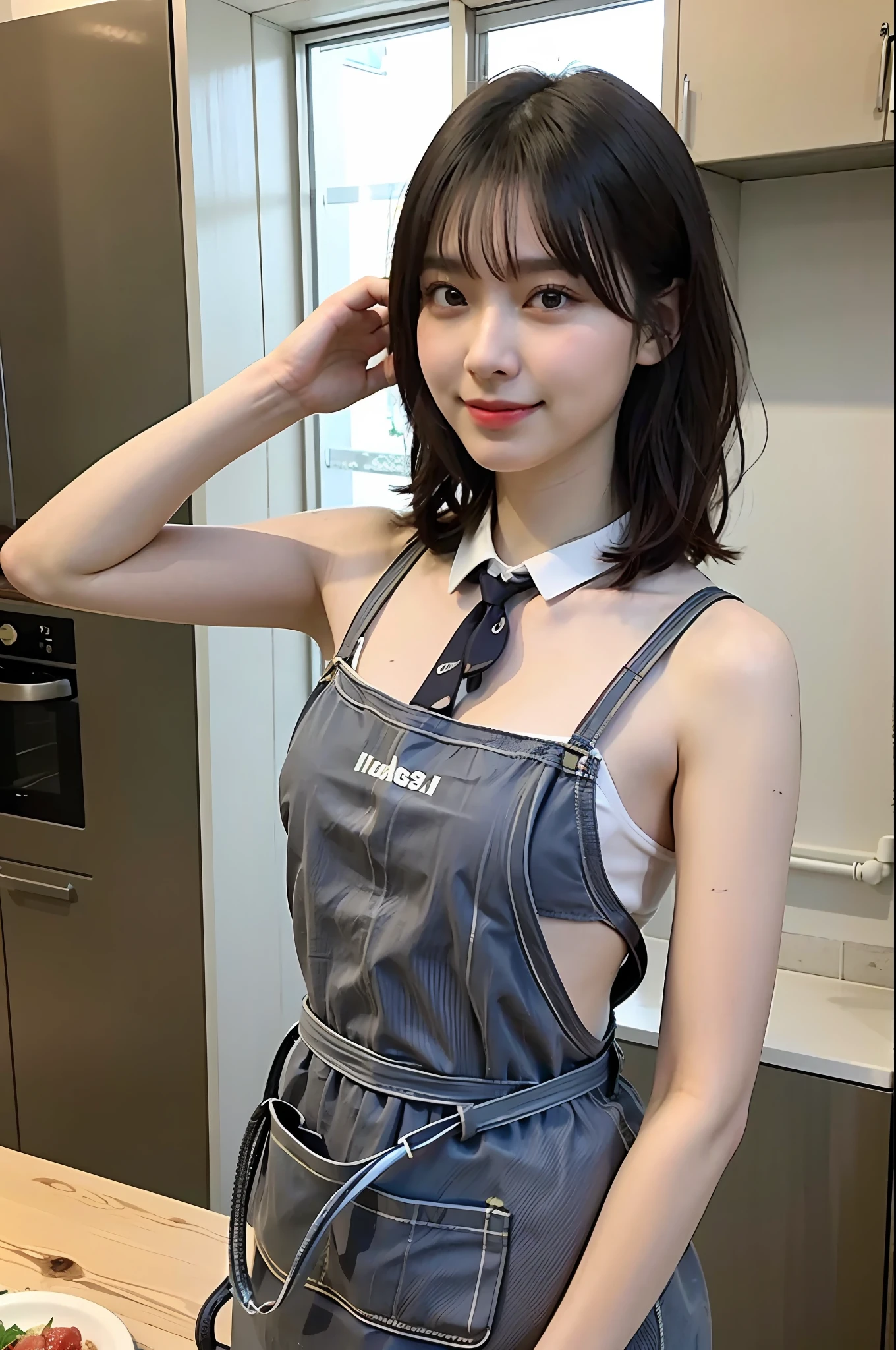 a woman is cooking、(kitchin_Apron:1.Wear 3)、Good Hand、4K、hight resolution、​masterpiece、top-quality、Cap:1.3、((Hasselblad photo))、Fine skin、foco nítido、(lighting like a movie)、Soft lighting、dynamic ungle、[:(详细的脸:1.2):0.2]、Medium chest、sweats streamed skin:1.2、(((In the kitchen))) Cute smile　Viewer's Perspective　Colossal tits　Tying hair　Sleeveless　Put out your upper arm　Shoulders are sticking out　Cleanliness　Large kitchen　Beautiful kitchen　wine glasses　posterior view　Behind　backs　Raise and tie your hair