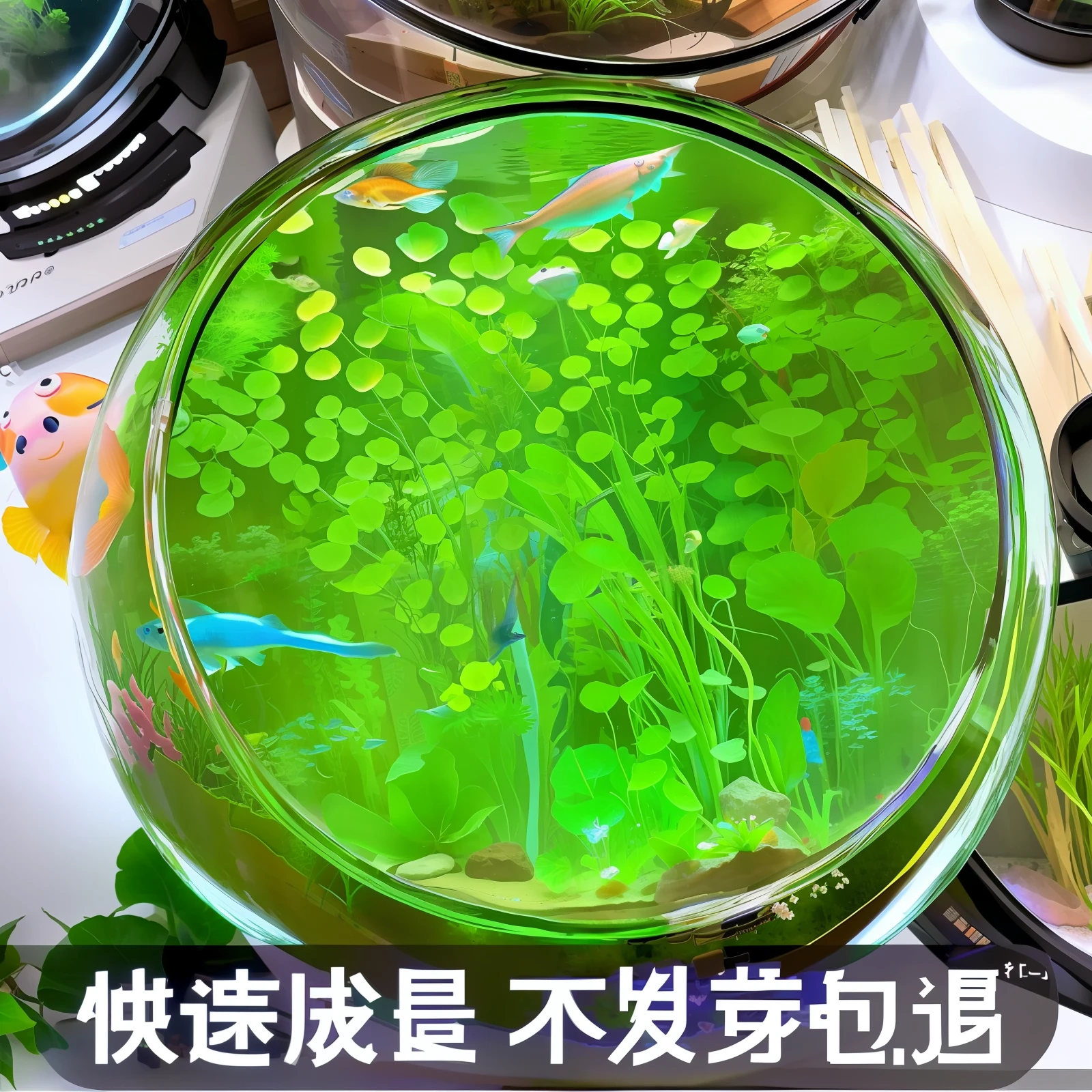 The fish tank is full of lush aquatic plants,Small fish swim merrily。Under bright light,The view is extraordinarily charming。