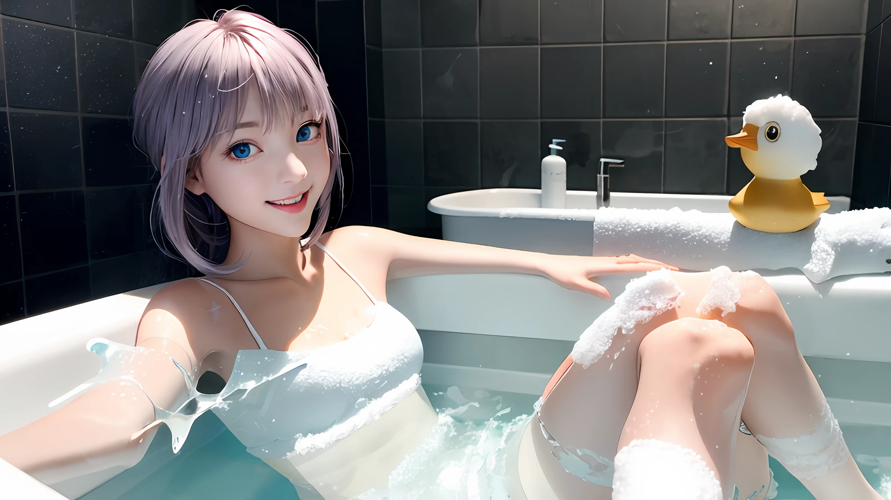 masterpiece、(Photorealsitic:1.4)、top-quality、beautiful lighting、(ulzzang-6500:0.5)、Makima \(chain saw man\)、(Bob hair)+(A dark-haired)+(bangss)、blue eyess、blue eyess、laugh、((Ring-shaped eyes))、RAW Photography、8k UHD、film grains、Starlight Glimmer、Starlight Glimmer from My Little Pony、Starlight Glimmer as a girl、Gorgeous hair、lush hair、Lying in the bathroom、Spread your legs、Lots of white foam、bath room、Rubber duck、washcloth、soap、wetting hair、Water at waist depth、White foam everywhere、steams、bathing