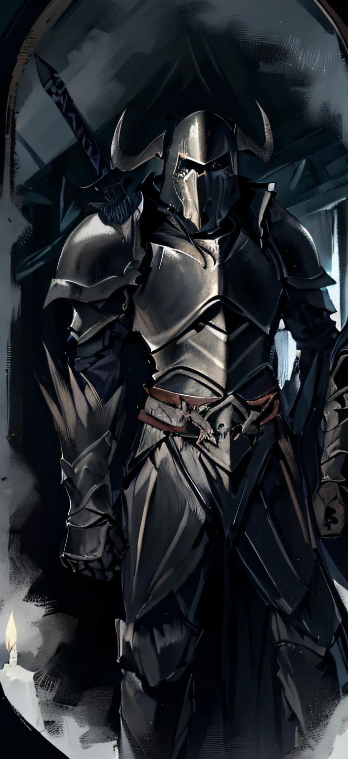 A dark guard wearing black heavy armor and carrying a giant sword,In a medieval tavern,waxy candles,The candle is reflected on the black heavy armor,
