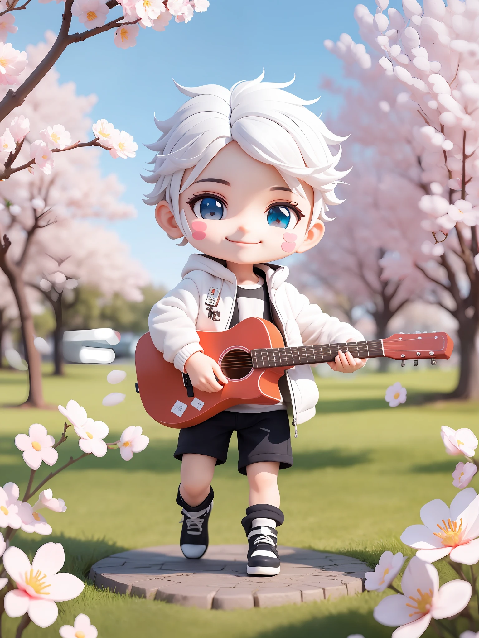 (masterpiece),(best quality),(ultra-detailed), (full body:1.2), 1boy,chibi,cute, smile, outdoors, playing guitar, music, holding guitar, jacket White, blush, park, shirt, short hair, cherry blossoms, blurry, white hair, blush stickers, long sleeves, white hair, flower red, jumping,(handsome detailed face), (beautiful detailed eyes),