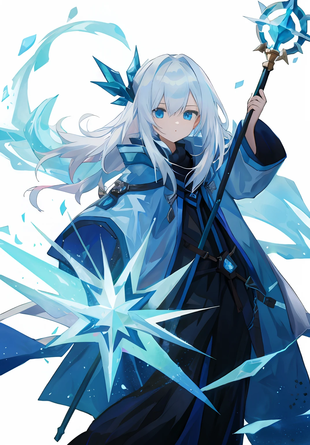 whaite hair,icemage,Take the staff,White hair, Blue eyes,teens girl