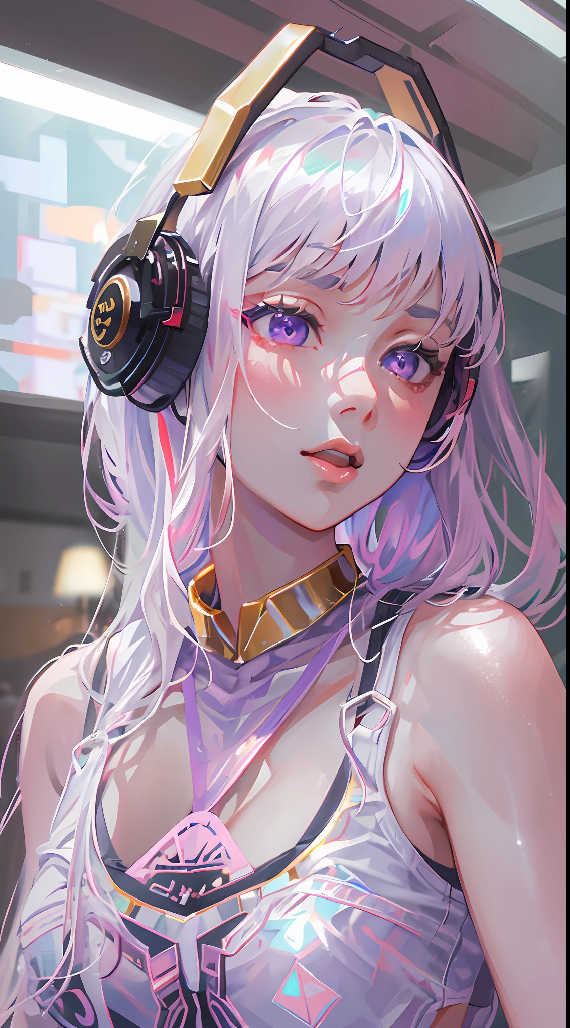 ((Masterpiece)), best quality, absurderes, ultra detailed, holographic, cowboy shot, dynamic pose, golden ratio, super cute girl, mature girl, extremely beautiful, super beautiful asian girl with super beautiful violet eyes, super beautiful white hair, shiny skin, high ponytail, nice and sexy body, slim and delicate body, perfect body, wearing a super tight printed white crop top, kawaii panties, fox headset, being photographed in a kawaii alien spaceship