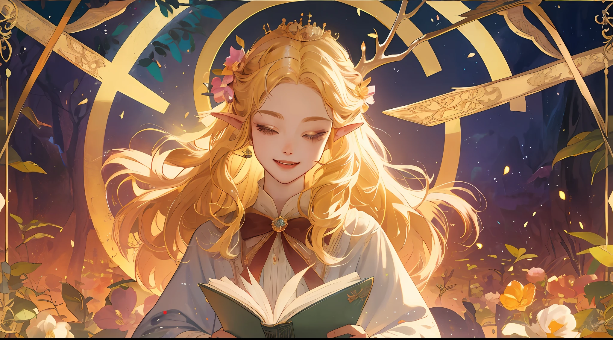 Fairy tale picture book,the elf,the Flower Fairy,Fairytales,In the forest,long eyelasher, solid circle eyes, Light smile, Fang, Blonde hair, Halo, crown, Hairpin, shairband, hair pin, Hair ribbon, hair flower, hair adornments, Hair Bow, ribbon, Horns, deer antlers, surrealism, angle of view, Atmospheric perspective, Depth of field, Ray tracing, character sheets, first person perspective, angle of view, in a panoramic view, Eye level shots, Wide-angle, Ultra-wide angle, 35mm, 8K, Super detail, ccurate, Best quality, hyper HD, retinas, Masterpiece, Anatomically correct, Textured skin, High details, High quality
