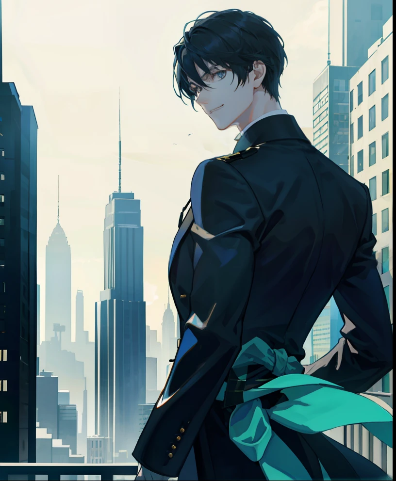 tmasterpiece，best qualtiy，1 male，AS-Adult，handsome，large tall，a broad shouldered，Delicate eyes and delicate face，Extremely detailed CG unified 8k wallpaper，Complicated details，Very short hair，The optimal ratio of four fingers to one thumb，Neat suits and coats，Modern cityscape，the street，skyscrapper，in the afternoon，Best light and shadow，ssmile，（Back head），depth of fields