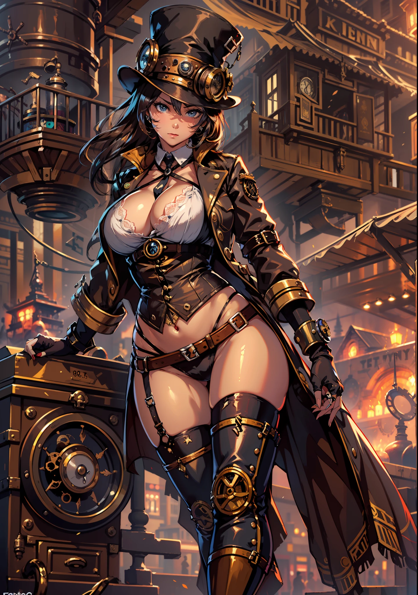 (((Ropa sexy steampunk, cuerpo perfecto, gigantic sagging breast:1.5,Cameltoe muy marcado, pezones muy marcados,Fondo Steampunk,grande, caderas grandes, pose del, pose sexy, Postura del pie, Postura de los pies,escote))),(manos perfectas, dedos perfectos), (absurdo, High resolution, ultra detallado), 1 mujer madura sexy, extremadamente detallado, 8k, Detalles intrincados, (Steampunk victoriano), fondo de ciudad steampunk victoriana detallado, (Tema steampunk), steampunk con engranajes, steampunk, engranajes, vapor, victoriano, yunques, botones, vapor, electricidad, electric sparks epic atmosphere,