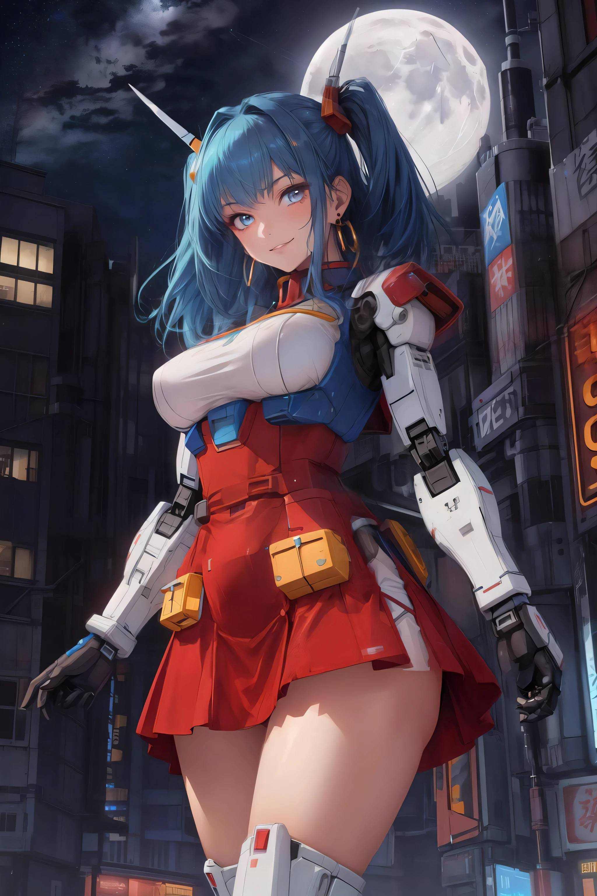 (masterpiece, best quality;1.3), extremely detailed ,ultra detailed, 1GIRL,solo, twin tail, large breast, evil smile, gundam\(rx78\), science fiction, mecha,
red_dress,starry sky, blue hair, solo, hair ornament, long hair, twin tail, gold eyes, jewelry, earrings, looking at viewer,future city background,night, neon sign, moon base, detailed dress, micro mini skirt, from below,