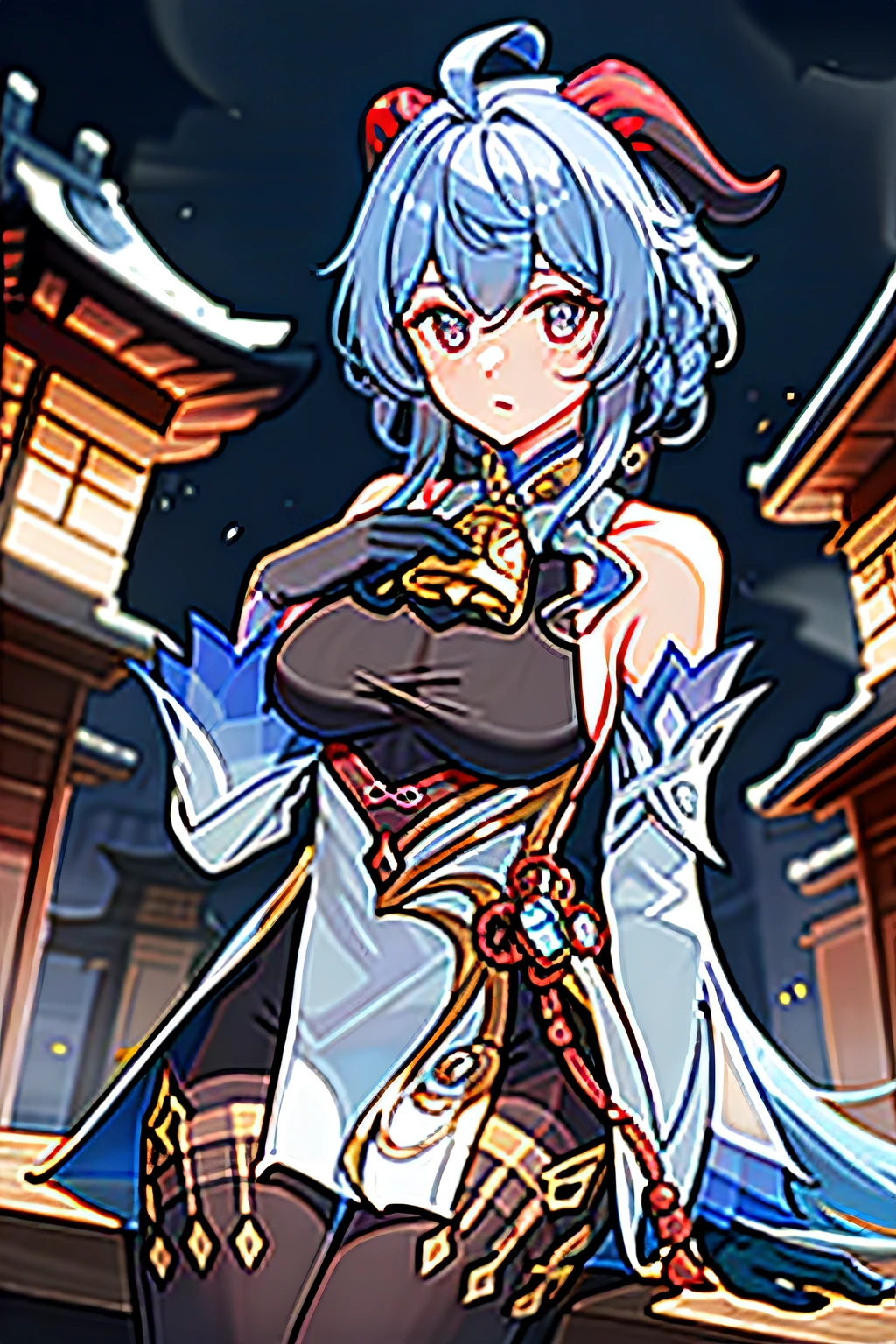 ganyu\(genshin impact\), 1girl, ahoge, architecture, bangs, bare shoulders, bell, black gloves, black tights, ((blue hair), blush, breasts, chinese knot, sleeve, East Asian architecture, flower knot, glove, horn, long hair, looking at the audience, medium chest, neckbell, night, outdoor, pantyhose, purple eyes, sideburns, solo, tassels, white sleeves, ((masterpiece))