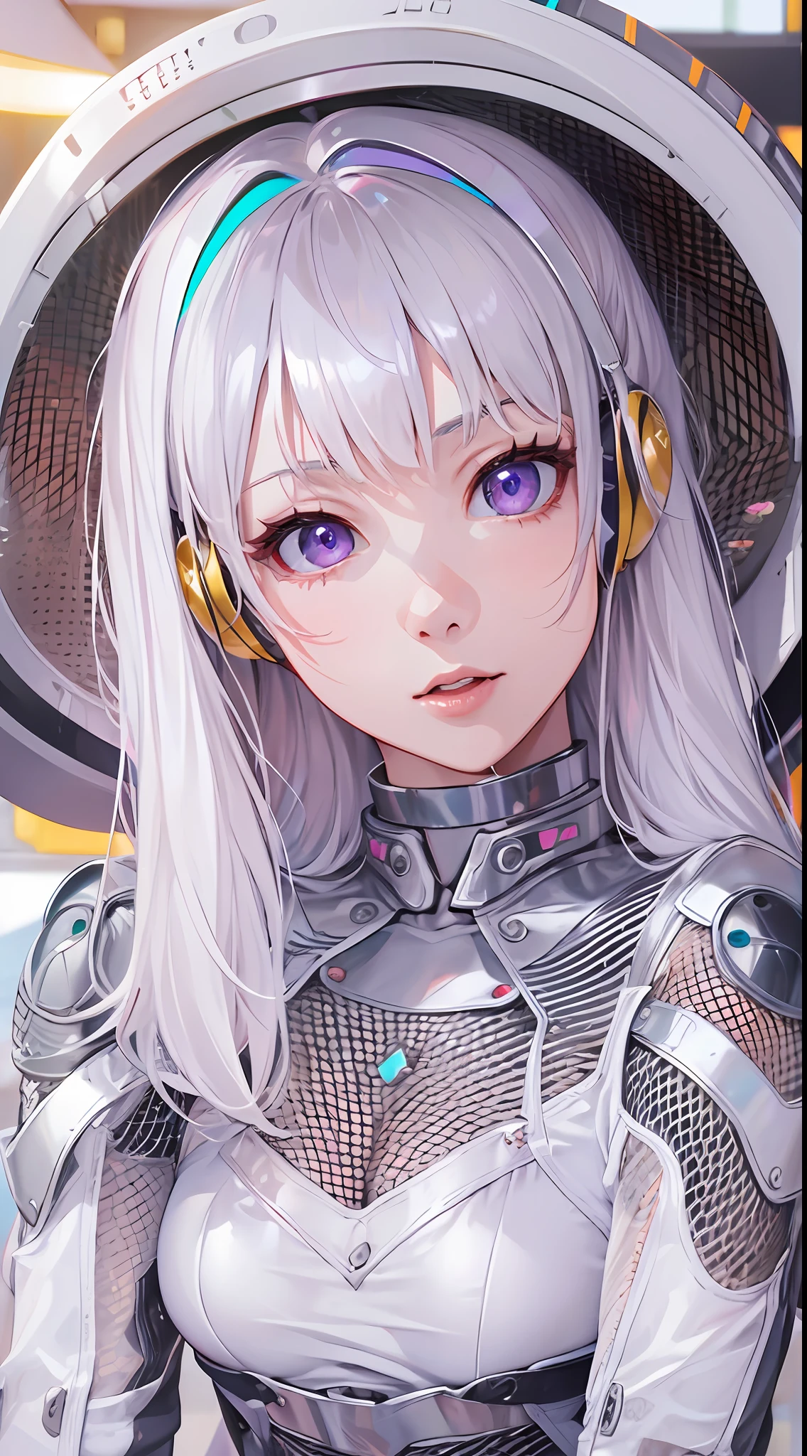 ((Masterpiece)), best quality, absurderes, ultra detailed, holographic, cowboy shot, dynamic pose, golden ratio, super cute girl, mature girl, extremely beautiful, super beautiful asian girl with super beautiful violet eyes, super beautiful white hair, shiny skin, high ponytail, nice and sexy body, slim and delicate body, perfect body, wearing a super tight printed white crop top, kawaii panties, fox headset, being photographed in a kawaii alien spaceship