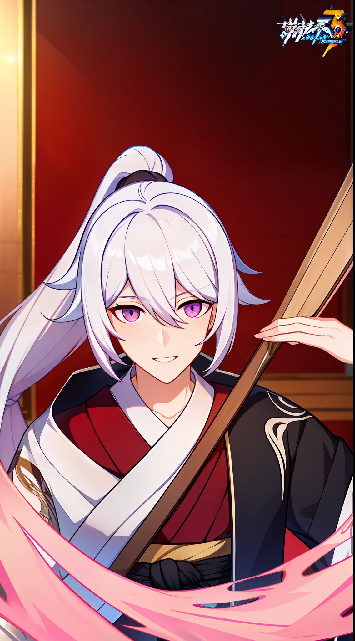 adult man, Long white hair, high ponytail, pink eye color, Hanfu, копьë, ssmile, lake, Masterpiece, hiquality