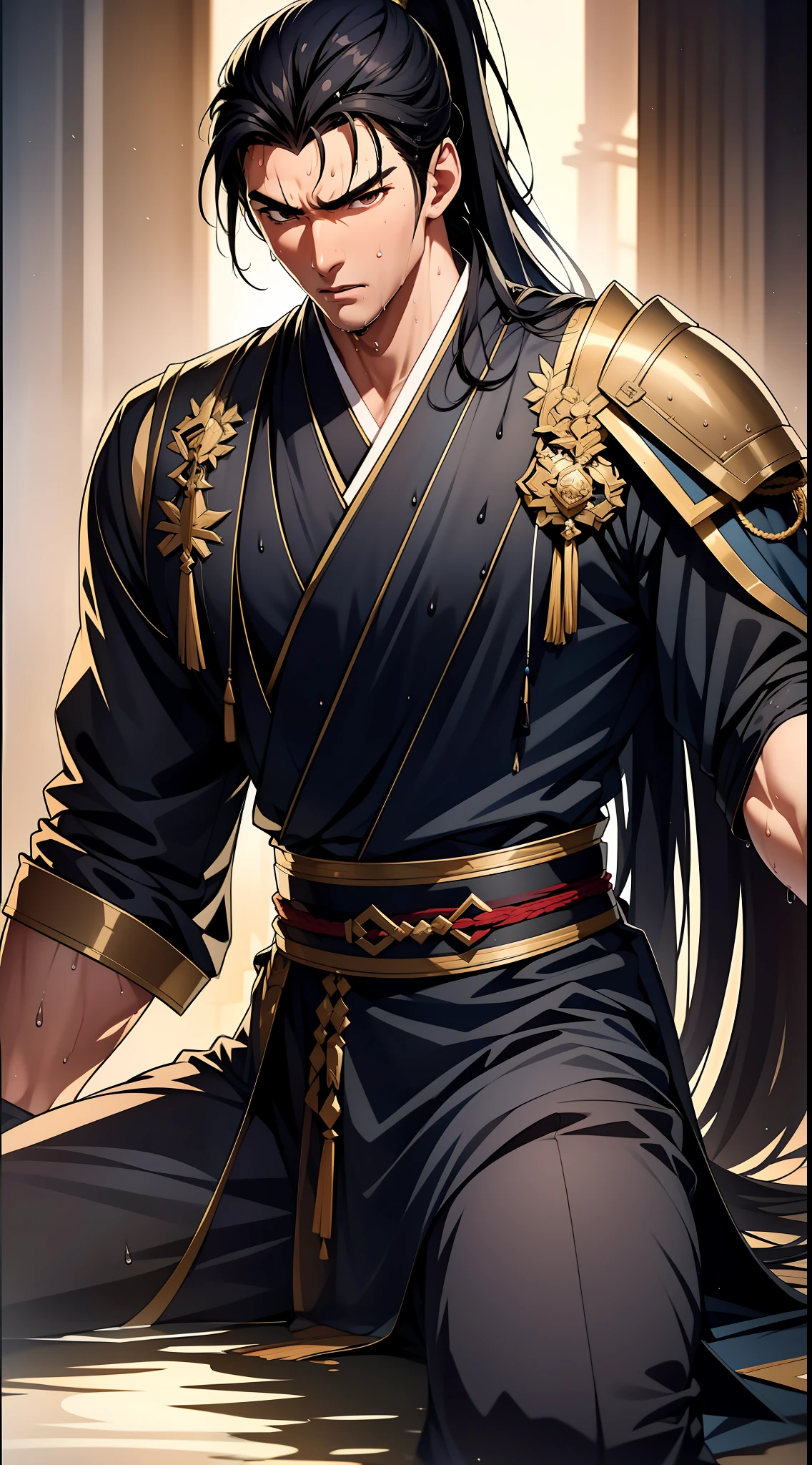 Two-dimensional, anime style, man (male warrior), muscle, correct proportions, face details, martial arts, high ponytail hairstyle, sweating, sweaty face, drooling, neck details, with Adam's apple, wet, wet, Hanfu costume, long robe, embroidered robe, dragon robe, clothing details, collar, long sleeves, game quality, swordsman demeanor, light and shadow tracing, ray tracing, detail glow, CG rendering, hair details, long black hair, golden eyes, sweaty face, handsome, handsome, sweat beads slipping down the neck, (juvenile feeling), complex clothing, wet, wet, perfect composition, refinement, high quality, more details, a lot of details, complex background, atmosphere,