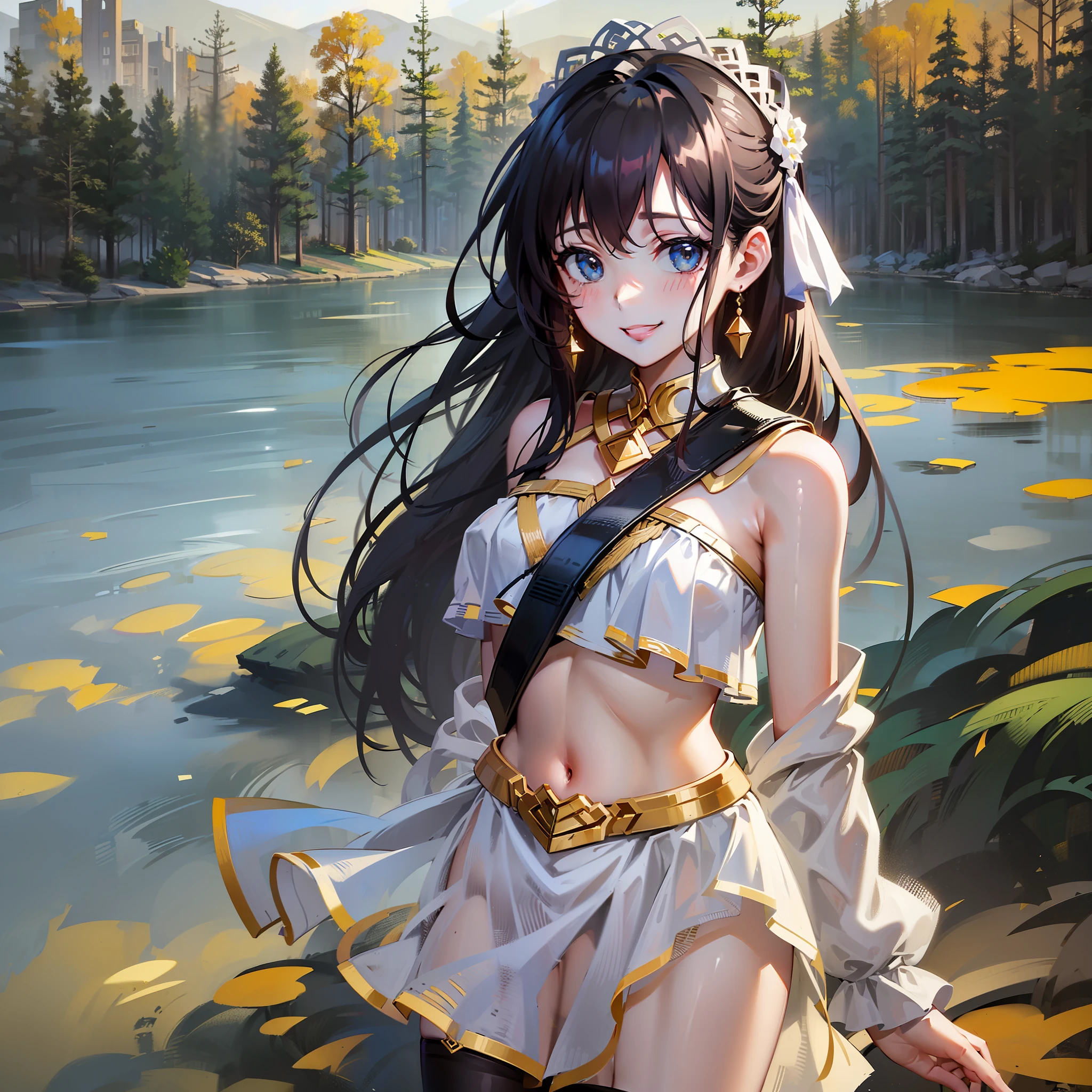 (tmasterpiece:1.2,best qualtiy),realisticlying,(Real pictures,Complicated details,depth of fields)Wear black stockings,Wear a short white skirt,With a smile,Ruddy face,The skin is whiter,s girl,Bare chest,stands aside the river,Place your hands behind your back