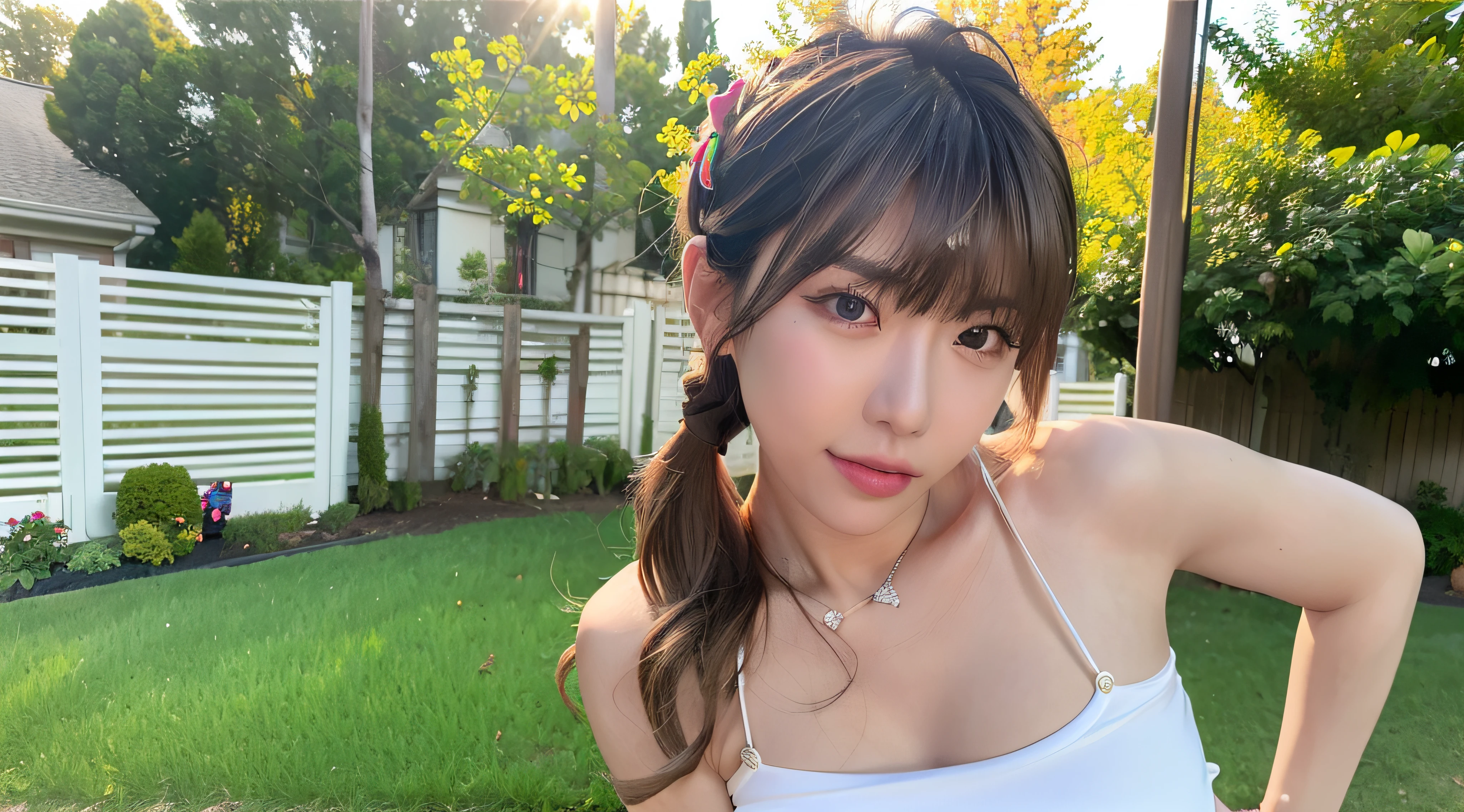 (8K, RAW photo, Best quality, Masterpiece:1.2), (Realistic, photo-realistic:1.37), Best quality, 超高分辨率, nfsw back lights, light  leaks, Dynamic lighting, Slim, Smooth skin,  (PureErosFace_V1:1), Bond, navel, Kpop idol, (Beautiful detailed eyes:1),(Beautiful detailed face:1),(freebuffing:1.2), Outdoors, Ulzzang-6500, 1girll, standing, Upper body, (:1.2), ,  from the front side, Front view,  view the viewer, Huge breasts, arms back behind, street, Sunlight,