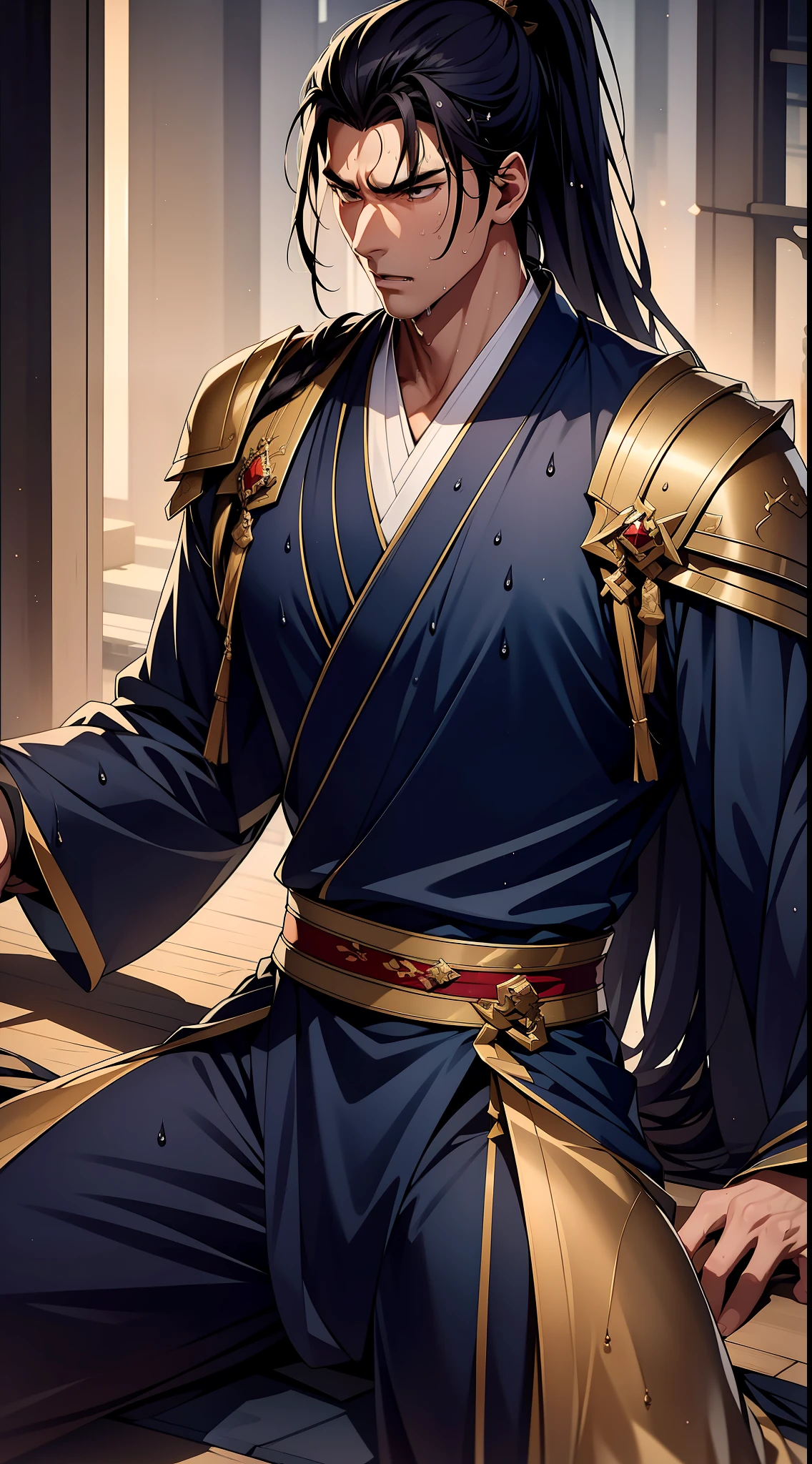 Two-dimensional, anime style, man (male warrior), muscle, correct proportions, face details, martial arts, high ponytail hairstyle, sweating, sweaty face, drooling, neck details, with Adam's apple, wet, wet, Hanfu costume, long robe, embroidered robe, dragon robe, clothing details, collar, long sleeves, game quality, swordsman demeanor, light and shadow tracing, ray tracing, detail glow, CG rendering, hair details, long black hair, golden eyes, sweaty face, handsome, handsome, sweat beads slipping down the neck, (juvenile feeling), complex clothing, wet, wet, perfect composition, refinement, high quality, more details, a lot of details, complex background, atmosphere,