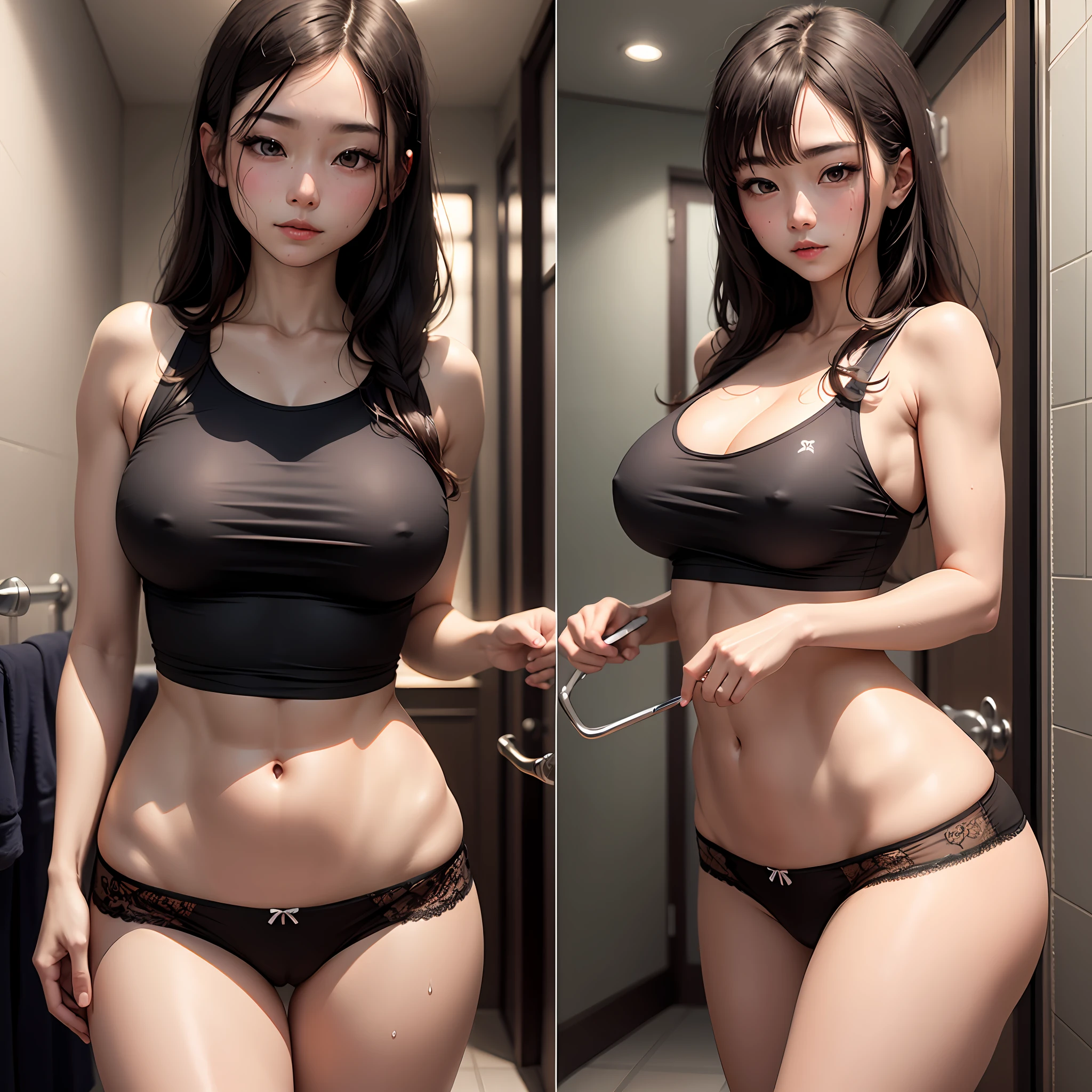 photo of a young girl in a black tight cami, , ((erected ))), By bangs, exposed bare shoulders, Black tight short lace panties, nedium breasts, The beautiful, Breasts squeezed together, Detailed bathroom background, hair between eye, long whitr hair, Oval shaped face, 二重まぶた, parted lip, with brown eye, 独奏, (( perfect abs, (Fluoroareola), (Transparent fabric), dampness(Sweat Wet, soaking wet), (sfw)