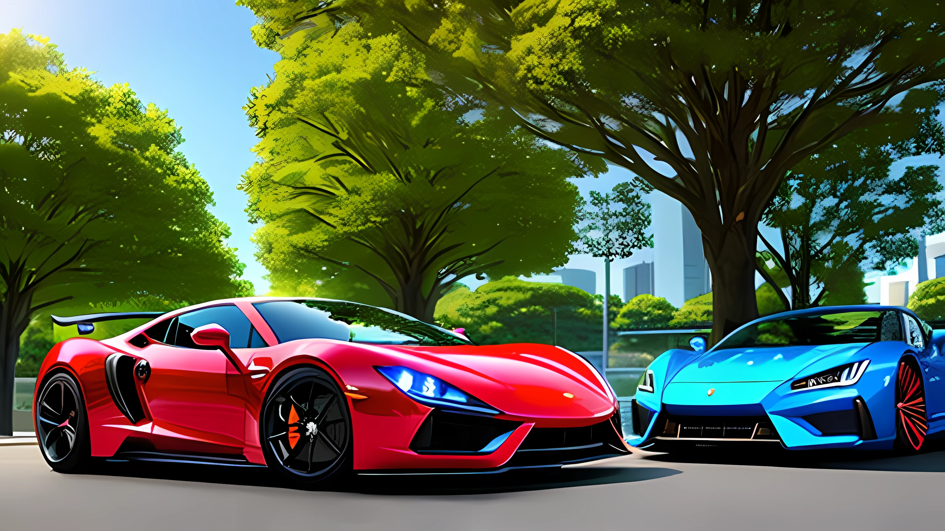 20 sports cars in one city, (tmasterpiece,A detailed,A high resolution:1.4) , model shooting, closeup cleavage, detailed street, parking lot, (kaneki ken),The tree,SakuraNS,Retro,Tokyo Ghoul,Vintage futuristic background,vivd colour,HDR