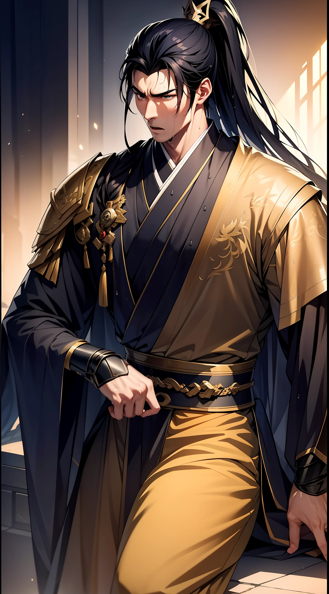 Two-dimensional, anime style, man (male warrior), muscle, correct proportions, face details, martial arts, high ponytail hairstyle, sweating, sweaty face, drooling, neck details, with Adam's apple, wet, wet, Hanfu costume, long robe, embroidered robe, dragon robe, clothing details, collar, long sleeves, game quality, swordsman demeanor, light and shadow tracing, ray tracing, detail glow, CG rendering, hair details, long black hair, golden eyes, sweaty face, handsome, handsome, sweat beads slipping down the neck, (juvenile feeling), complex clothing, wet, wet, perfect composition, refinement, high quality, more details, a lot of details, complex background, atmosphere,