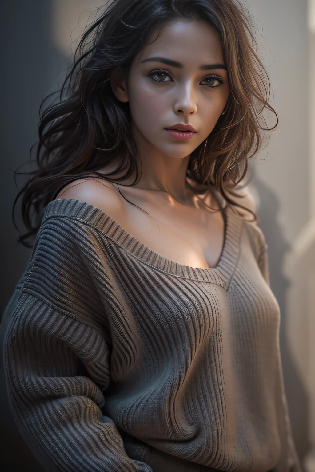 ultra high quality photograph of a beautiful girl leaning forward exposing her (small breasts) and (long puffy, loose sweater, soft realistic lighting, (photorealistic:1.5) (pureerosface_v), dramatic lighting, ((photorealistic: )), (photorealism: ), (8k, raw photo, highest quality, masterpiece), high detail raw color photo professional photo, realistic, (highest quality), (best shadow), ultrahigh resolution, photo, masterpiece, realistic, realism, high contrast, 8k hd high definition detailed realistic, detailed, hyperdetailed, best quality, f lens, rich colors, dramatic lighting, (cine still 800)