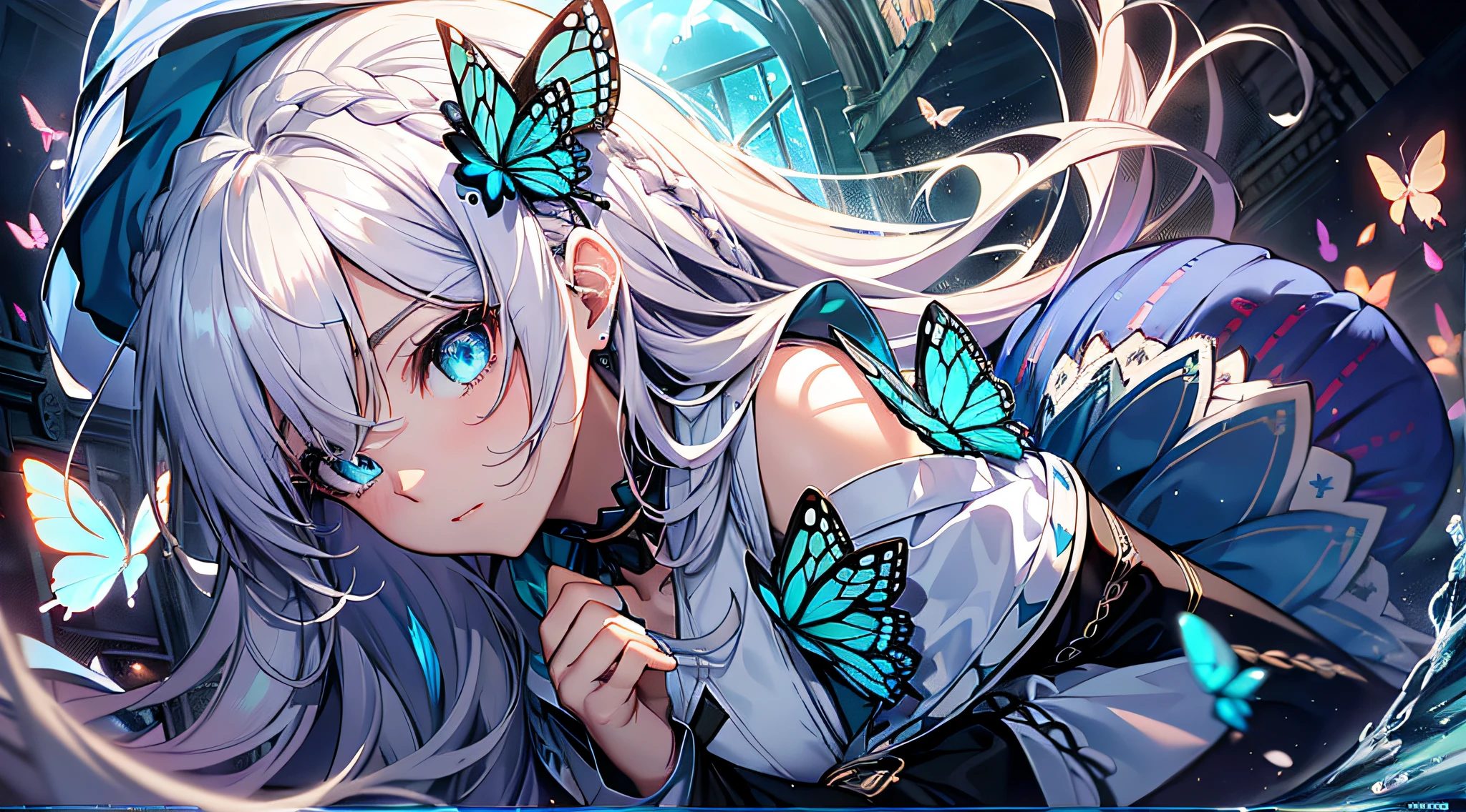 (Overhead view),dynamic angle,ultra-detailed, illustration, close-up, straight on, 1girl, (fantasy:1.4), (azure blue eyes:1.233),Her eyes shone like dreamy stars,(glowing eyes:1.233),(beautiful and detailed eyes:1.1),(Silver hair:1.14),(messy hair,very long hair,french braid,hair between eyes,sidelocks), (+(bule hair flower:1.14)),(chiffon dress,bule flower pattern in uniform)/=(military uniform:1.24),(detached sleeves,wide sleeves),(fingerless gloves),choker,(miko thighhighs),High heeled boots,(expressionless,closed mouth),(standing), (classical Princess boudoir with dressing tableand french windowin a white ancient palaces),(white flowers,bloom),(abysmal sea),(flowing water),(a dull blue world tree:1.14),(ruins),(night:1.2),dreamy,soul,(fluorescence),(flying translucent blue butterflies:1.15), [[delicate fingers and hands:0.55]::0.85],(detail fingers),(yubao:0.5),upper body,