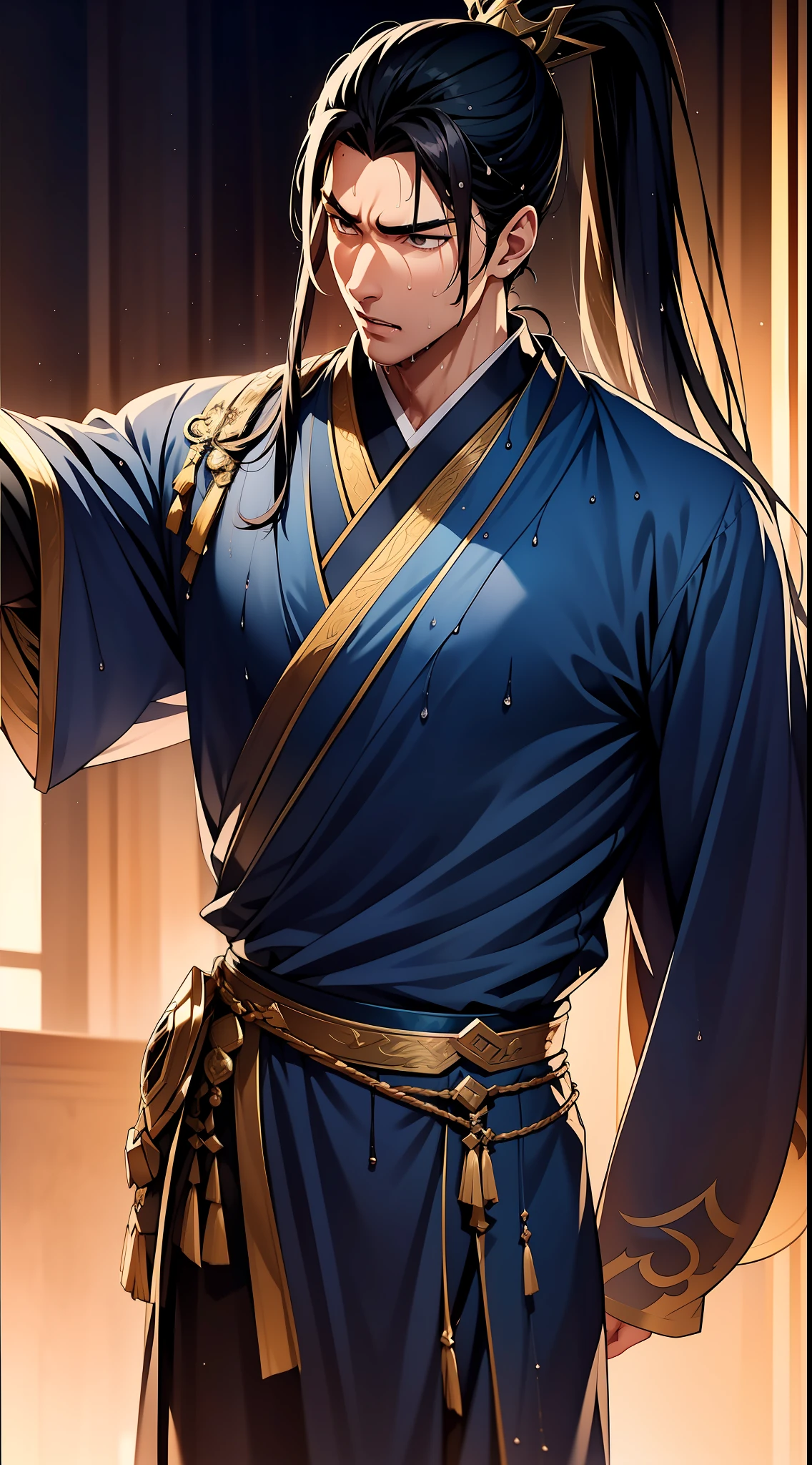 Two-dimensional, anime style, man (male warrior), muscle, correct proportions, face details, martial arts, high ponytail hairstyle, sweating, sweaty face, drooling, neck details, with Adam's apple, wet, wet, Hanfu costume, long robe, embroidered robe, dragon robe, clothing details, collar, long sleeves, game quality, swordsman demeanor, light and shadow tracing, ray tracing, detail glow, CG rendering, hair details, long black hair, golden eyes, sweaty face, handsome, handsome, sweat beads slipping down the neck, (juvenile feeling), complex clothing, wet, wet, perfect composition, refinement, high quality, more details, a lot of details, complex background, atmosphere,