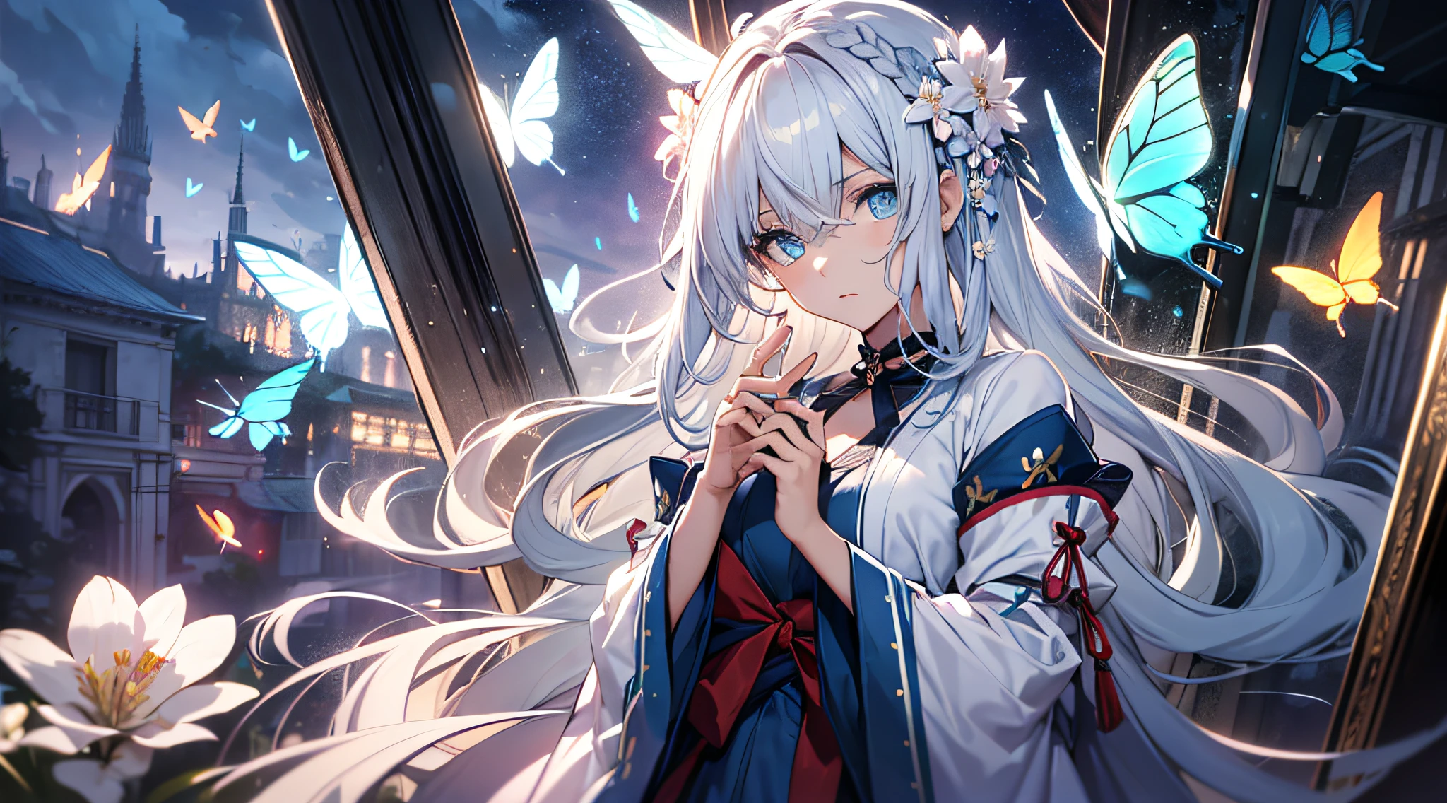 (Overhead view),dynamic angle,ultra-detailed, illustration, close-up, straight on, 1girl, (fantasy:1.4), (azure blue eyes:1.233),Her eyes shone like dreamy stars,(glowing eyes:1.233),(beautiful and detailed eyes:1.1),(Silver hair:1.14),(messy hair,very long hair,french braid,hair between eyes,sidelocks), (+(bule hair flower:1.14)),(chiffon dress,bule flower pattern in uniform)/=(military uniform:1.24),(detached sleeves,wide sleeves),(fingerless gloves),choker,(miko thighhighs),High heeled boots,(expressionless,closed mouth),(standing), (classical Princess boudoir with dressing tableand french windowin a white ancient palaces),(white flowers,bloom),(abysmal sea),(flowing water),(a dull blue world tree:1.14),(ruins),(night:1.2),dreamy,soul,(fluorescence),(flying translucent blue butterflies:1.15), [[delicate fingers and hands:0.55]::0.85],(detail fingers),(yubao:0.5),upper body,