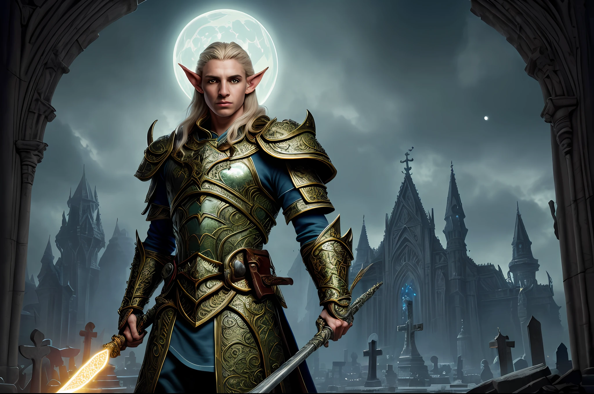 high details, best quality, 8k, [ultra detailed], masterpiece, best quality, (extremely detailed), ultra wide shot, RAW, photorealistic, fantasy art, dnd art, rpg art, realistic art, a wide angle picture of a male elf cleric casting a spell, priest of light, cleric of light, full body, [[anatomically correct]]. dynamic position (1.5 intricate details, Masterpiece, best quality) casting a radiant spell (1.6 intricate details, Masterpiece, best quality) in a cemetery (1.5 intricate details, Masterpiece, best quality), a male wearing white heavy armor (1.4 intricate details, Masterpiece, best quality), holy symbol, blond hair, intense bright eyes, fantasy cemetery background (intense details), fighting an undead skeleton (1.4 intricate details, Masterpiece, best quality), night, moon light, stars (1.4 intricate details, Masterpiece, best quality), dynamic angle, (1.4 intricate details, Masterpiece, best quality) 3D rendering, high details, best quality, highres, ultra wide angle