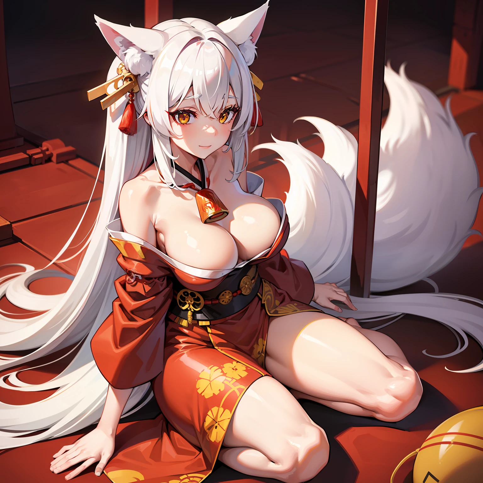 1girl in, yellow eyes, length hair, White hair, sitting on, red kimono, red japanese clothes,large full breasts, toppless, Light smile, Arms behind, naturey, hair adornments, Fox tail,animal ear,, Eau,