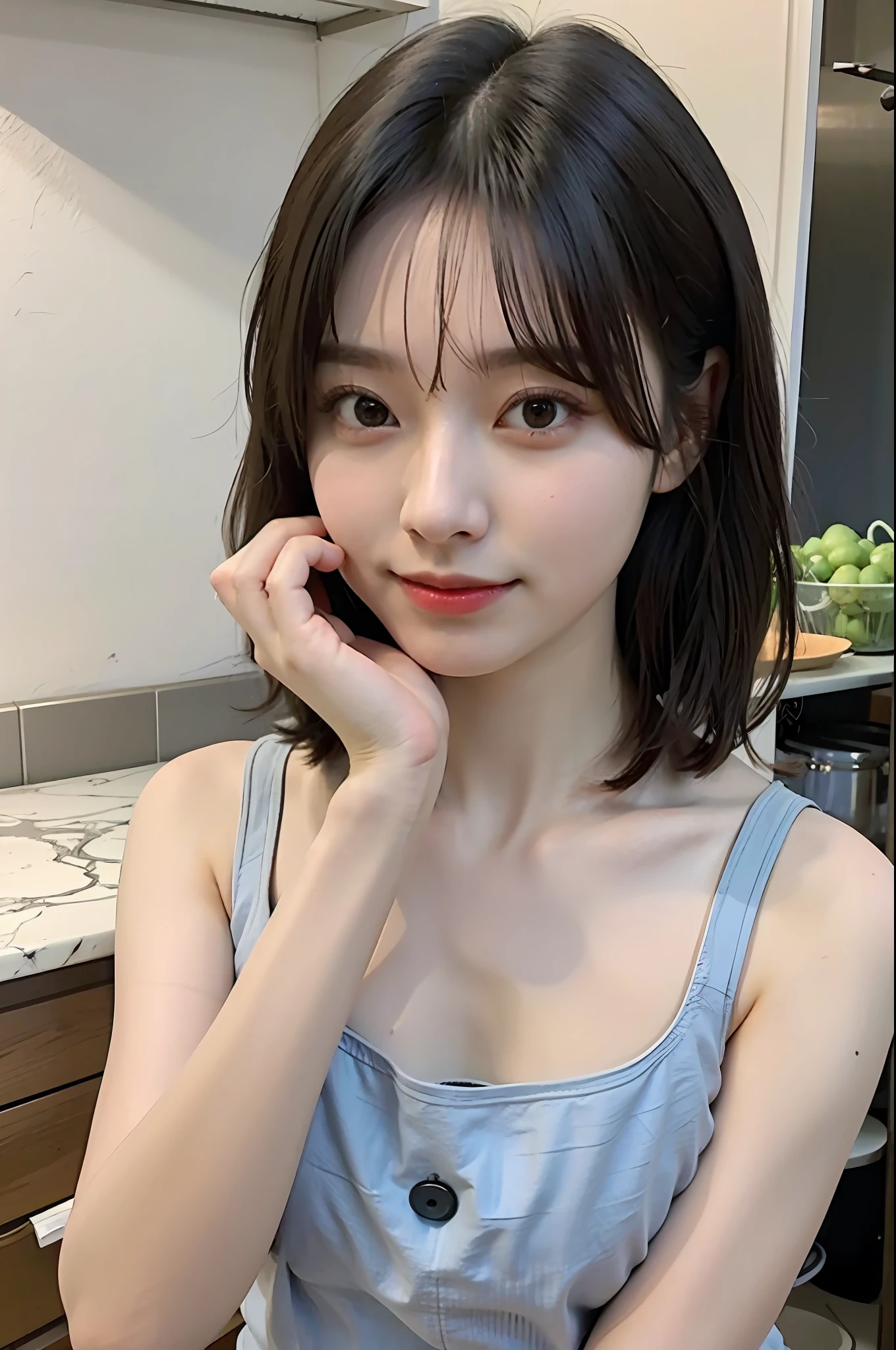 a woman is cooking、(kitchin_Apron:1.Wear 3)、Good Hand、4K、hight resolution、​masterpiece、top-quality、Cap:1.3、((Hasselblad photo))、Fine skin、foco nítido、(lighting like a movie)、Soft lighting、dynamic ungle、[:(详细的脸:1.2):0.2]、Medium chest、sweats streamed skin:1.2、(((In the kitchen))) Cute smile　Viewer's Perspective　Colossal tits　Tying hair　Sleeveless　Put out your upper arm　Shoulders are sticking out　Cleanliness　Large kitchen　Beautiful kitchen　wine glasses　posterior view　Behind　backs　Raise and tie your hair　Very spacious and beautiful kitchen　Light from the veranda