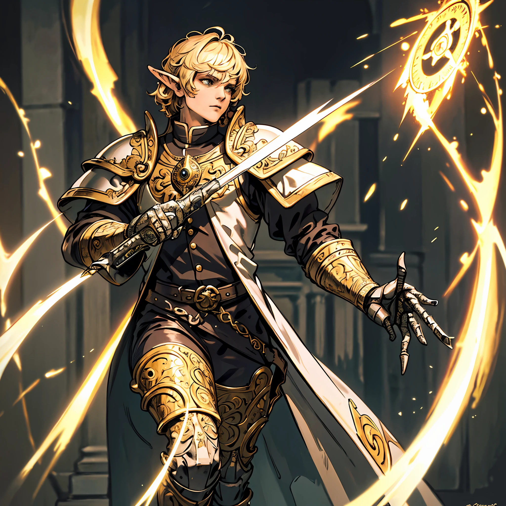 high details, best quality, 8k, [ultra detailed], masterpiece, best quality, (extremely detailed), dynamic angle, ultra wide shot, RAW, photorealistic, fantasy art, dnd art, rpg art, realistic art, a wide angle picture of a male elf cleric casting a spell, priest of light, cleric of light, full body, [[anatomically correct]]. dynamic position (1.5 intricate details, Masterpiece, best quality) casting a radiant spell (1.6 intricate details, Masterpiece, best quality) in a cemetery (1.5 intricate details, Masterpiece, best quality), a male wearing white heavy armor (1.4 intricate details, Masterpiece, best quality), holy symbol, blond hair, intense bright eyes, fantasy cemetery background (intense details), fighting an undead skeleton (1.4 intricate details, Masterpiece, best quality), night, moon light, stars (1.4 intricate details, Masterpiece, best quality), dynamic angle, (1.4 intricate details, Masterpiece, best quality) 3D rendering, high details, best quality, highres, ultra wide angle