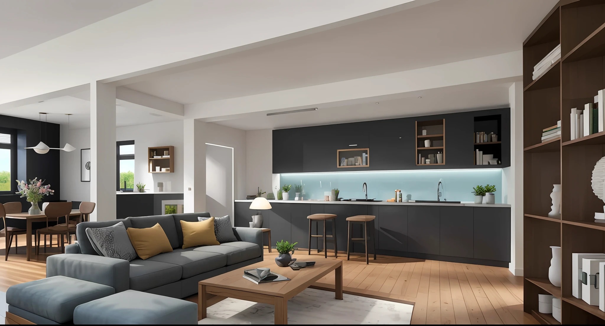 (((Masterpiece))), highest quality, ultra-realistic, contemporary livingroom, flooded with natural light streaming through the windows, the cupboard (1.2)