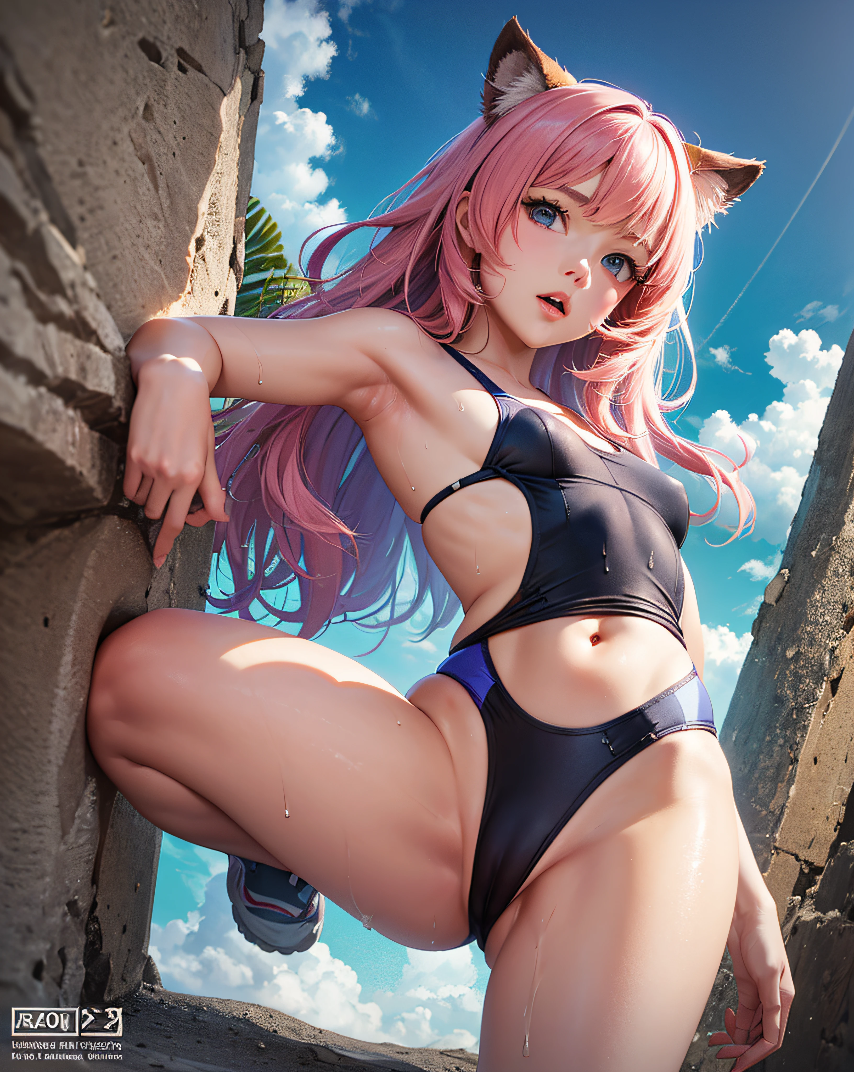 (8k, RAW photo, highest quality, masterpiece: 1.2), (realistic, photorealistic: 1.37), high definition, high resolution, beautiful face, beautiful shape, small face, 18 years old, 1 girl, pink hair, tanned skin, ridiculous texture, competitive swimsuit, wet and sticking to the skin, high-legged, open crotch, camel toe, shot from below, showing armpit, small chest, side breast,