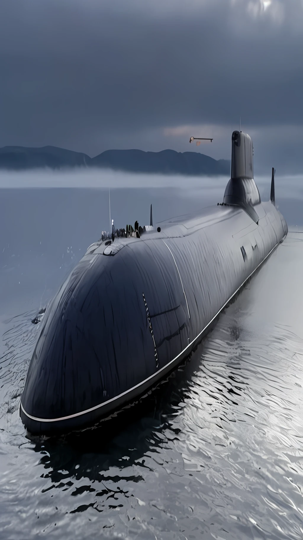 a close up of a submarine in the water with a cloudy sky, submarine in background. dark, submarine, giant submarine, in a nuclear submarine, attacked submarine in background, beached submarine, at inside of a future submarine, submarine camera imagery, euclid class, by John Murdoch, viewed from the side, andrey gordeev, trident, icbm