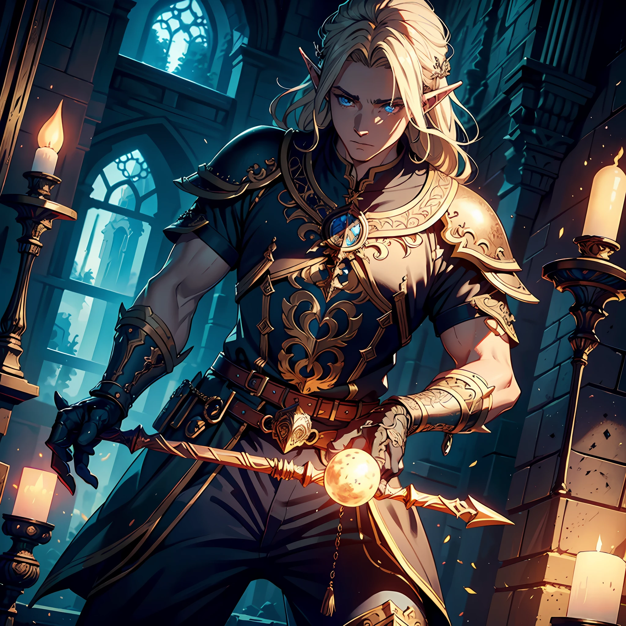 high details, best quality, 8k, [ultra detailed], masterpiece, best quality, (extremely detailed), dynamic angle, ultra wide shot, RAW, photorealistic, fantasy art, dnd art, rpg art, realistic art, a wide angle picture of a male elf cleric casting a spell, priest of light, cleric of light, full body, [[anatomically correct]]. dynamic position (1.5 intricate details, Masterpiece, best quality) casting a radiant spell (1.6 intricate details, Masterpiece, best quality) in a cemetery (1.5 intricate details, Masterpiece, best quality), a male wearing white heavy armor (1.4 intricate details, Masterpiece, best quality), holy symbol, blond hair, intense bright eyes, fantasy cemetery background (intense details), fighting an undead skeleton (1.4 intricate details, Masterpiece, best quality), night, moon light, stars (1.4 intricate details, Masterpiece, best quality), dynamic angle, (1.4 intricate details, Masterpiece, best quality) 3D rendering, high details, best quality, highres, ultra wide angle