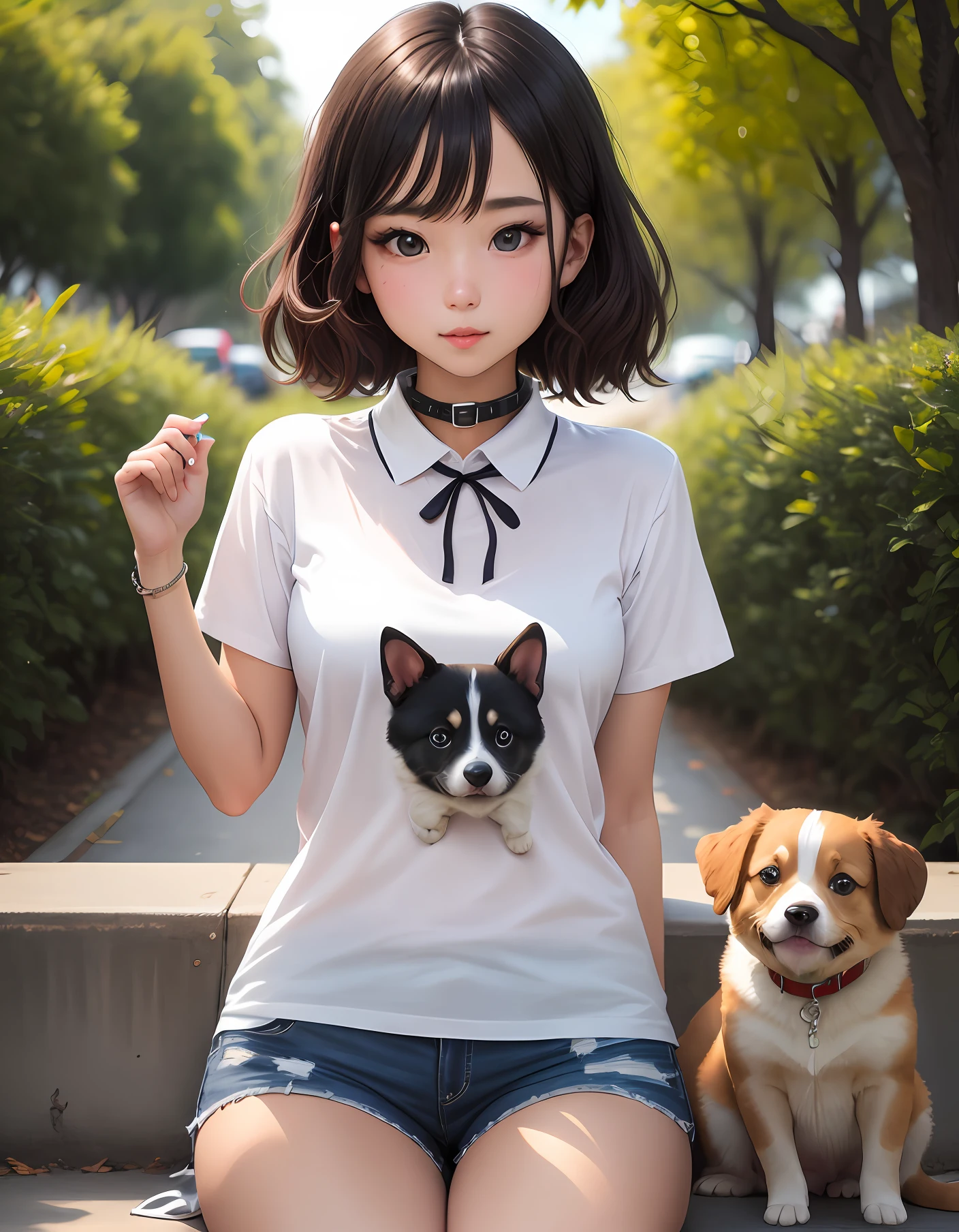 Dressed up in a cool outfit,The upper body is wearing a close-fitting white short-sleeved shirt,The collar is adorned with a slightly childish piece of plastic puppy trim,The lower body is dark shorts+Casual shoes have a slight wheat hue on the skin,Healthy and sunny,Her appearance is beautiful and lovely,What catches people's attention is the big smart eyes