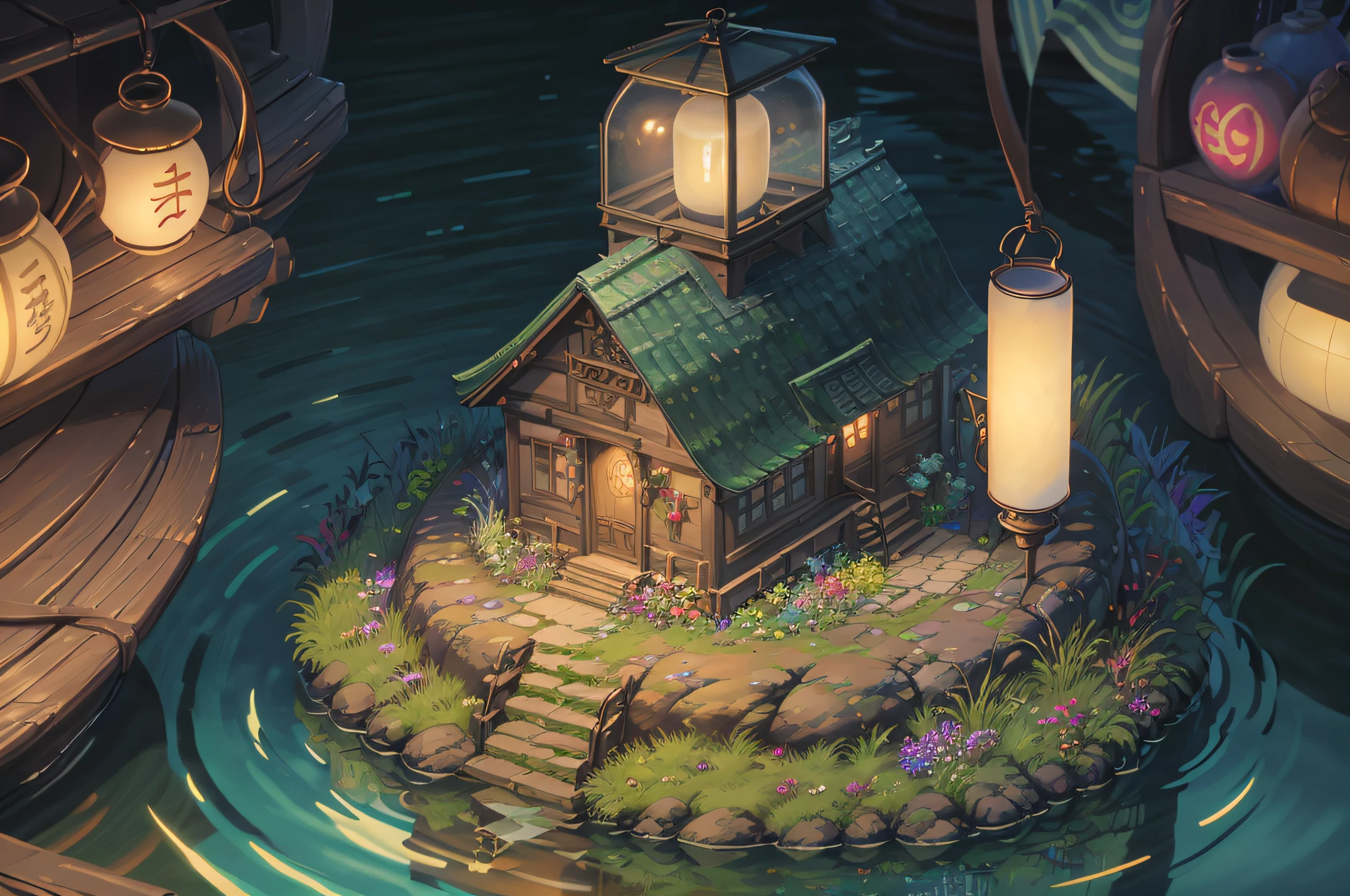 Mare's nest、paper lanterns、Kongming Lantern、Forever Night、Tidal floats、dream-state、enviroment、ancient times、magia、ribbons、Streamers、Mysterious plants、Pools、Forbidden Land、vortex、Maze、ln the forest、A thousand turns、samsara、vine、extreme hight detail、16k、ultraclear、tmasterpiece、high high quality、A high resolution --auto