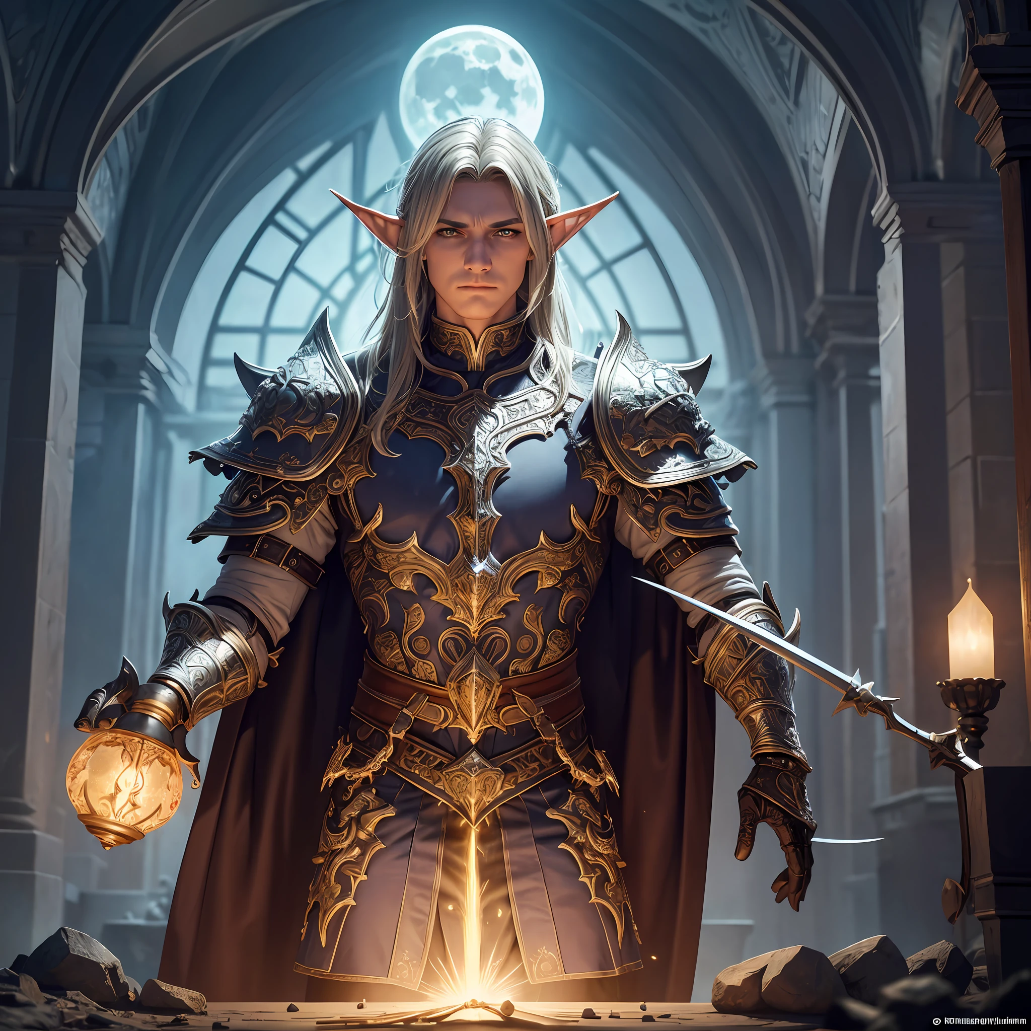 high details, best quality, 8k, [ultra detailed], masterpiece, best quality, (extremely detailed), dynamic angle, ultra wide shot, RAW, photorealistic, fantasy art, dnd art, rpg art, realistic art, a wide angle picture of a male elf cleric casting a spell, priest of light, cleric of light, full body, [[anatomically correct]]. dynamic position (1.5 intricate details, Masterpiece, best quality) casting a radiant spell (1.6 intricate details, Masterpiece, best quality) in a cemetery (1.5 intricate details, Masterpiece, best quality), a male wearing white heavy armor (1.4 intricate details, Masterpiece, best quality), holy symbol, blond hair, intense bright eyes, fantasy cemetery background (intense details), fighting an undead skeleton (1.4 intricate details, Masterpiece, best quality), night, moon light, stars (1.4 intricate details, Masterpiece, best quality), dynamic angle, (1.4 intricate details, Masterpiece, best quality) 3D rendering, high details, best quality, highres, ultra wide angle