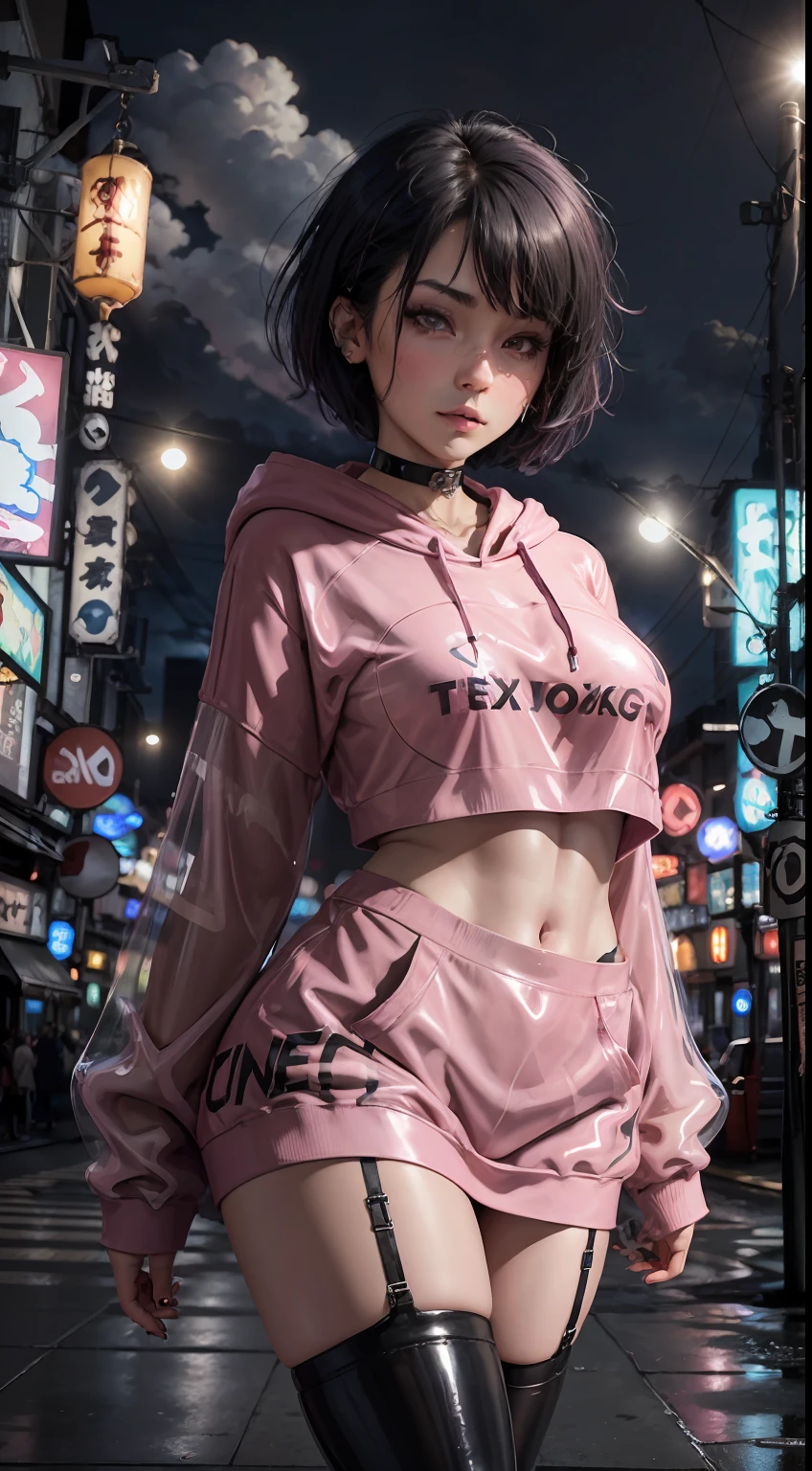 (sexy latex pink [:transparent:.6] oversized_hoodie:1.3) BREAK [1boy:1girl:0.3], tomboy, solo, very short black hair, pixie cut, tan, (muscular:0.9), (large breasts:1), (medium breasts: 0.25), full-face blush, choker, thighhighs, BREAK Kabukicho, Shinjuku, futuristic neo tokyo streets, dramatic lighting, absurdres, best quality, clouds, night, (bright neon signs:1.3), (neon:1.5), neon lights, moon, dark theme, crowded, busy, spacecraft, airship