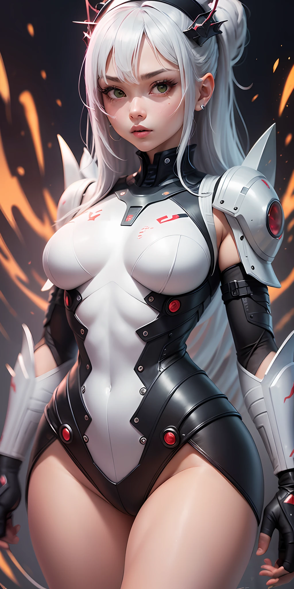 ((Masterpiece Quality)),(Beautiful animated graphics ),(Character Design), HQhigh-resolution,studio shot,Extremely detailed,Super Cute Cute Moe in Anime,(Character Design),((girl with)),((The upper part of the body_Body)), ((Dynamic angles)), Based on the following visual characteristics、Generates high-quality full-body images of Nurse Warrior Akira. The background should be white.  Wearing a white nurse uniform. Possessed by alien life forms that form powerful exoskeletons. The upper is raised like a football shoulder pad, Large red spines grow from it. The exoskeleton is rounded, Milky White, Crustacean-like spines grow on the shoulders, Chest, and Waist, Covering Akira's entire body. Muscles are strengthened、bulging veins are visible, Red vein-like pattern covering the whole body. Exoskeletons are exposed in specific areas, Make an intense impression. Even though I'm a woman, Her appearance became muscular, And her skin is silver. Characteristics of women are、Significantly developed for the purpose of breeding alien life forms. Akira has two long antennae growing from his head, With glowing green eyes. Her hair resembles a scorpion's tail, A thick, Sharp needle at the tip. Her mouth was open and、、、、、、、、、、、、、、Teeth are exposed, And her facial expression is emotionless due to the possession of alien life forms. --auto