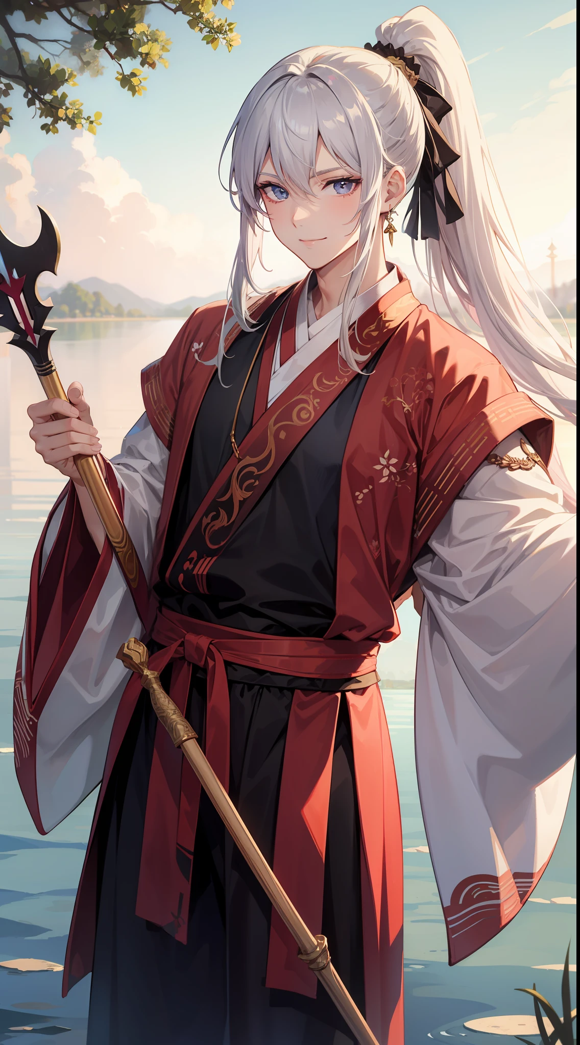 adult man, Long white hair, high ponytail, pink eye color, Hanfu, spear, ssmile, Lake, Masterpiece, hiquality