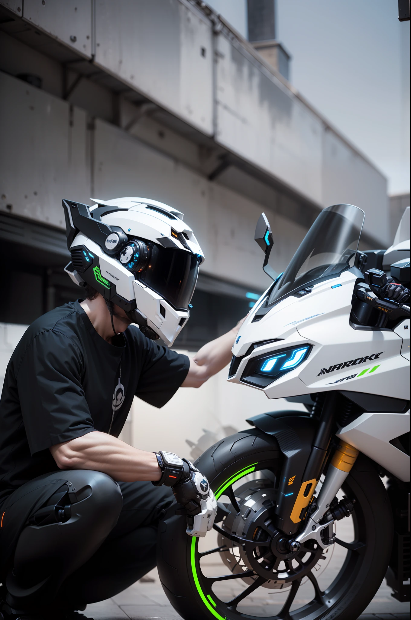 Handsome full body black mecha white short hair cyber handsome warrior, black cyber mechanical motorcycle, high-tech black full surround helmet, white short hair, Nousr, biomechanics, MSHN robot man, high-tech helmet, surreal, steel, complex design, crazy details, fine details, extremely clear lines, cinematic lighting, photo realism, detailed masterpiece