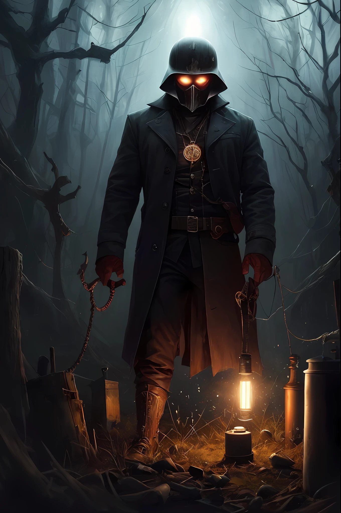 "Stable Diffusion, generate for me an unsettling 4K-resolution artwork featuring a tall, pale, sickly man sporting a blood-stained black iron torture helmet having bitcoin ((and an exposed decayed chest)), set against a backdrop of dark and ominous old asylum illuminated solely by a single flashlight beam from the front, with the haunting ambience of cold dark lighting engulfing the scene, painterly."