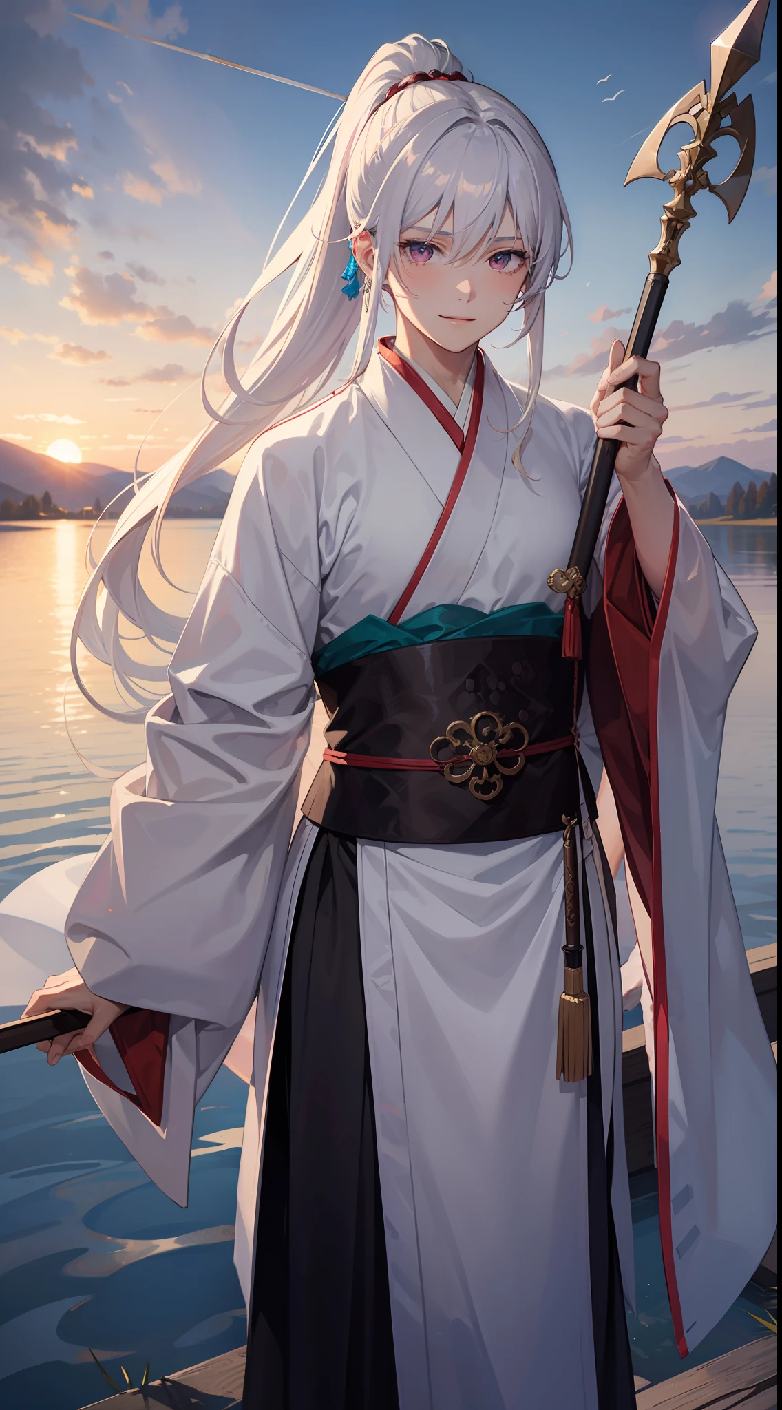 adult man, Long white hair, high ponytail, pink eye color, Hanfu, spear, ssmile, Lake, Masterpiece, hiquality