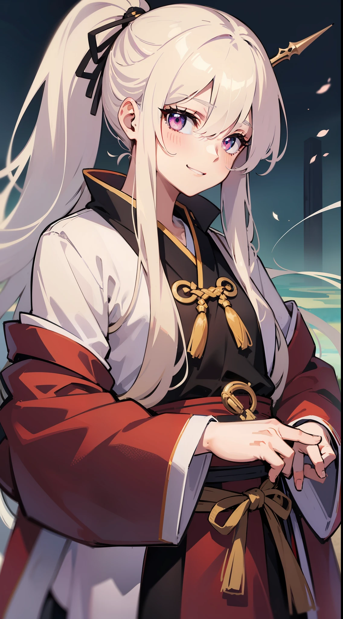 adult man, Long white hair, high ponytail, pink eye color, Hanfu, spear, ssmile, Lake, Masterpiece, hiquality
