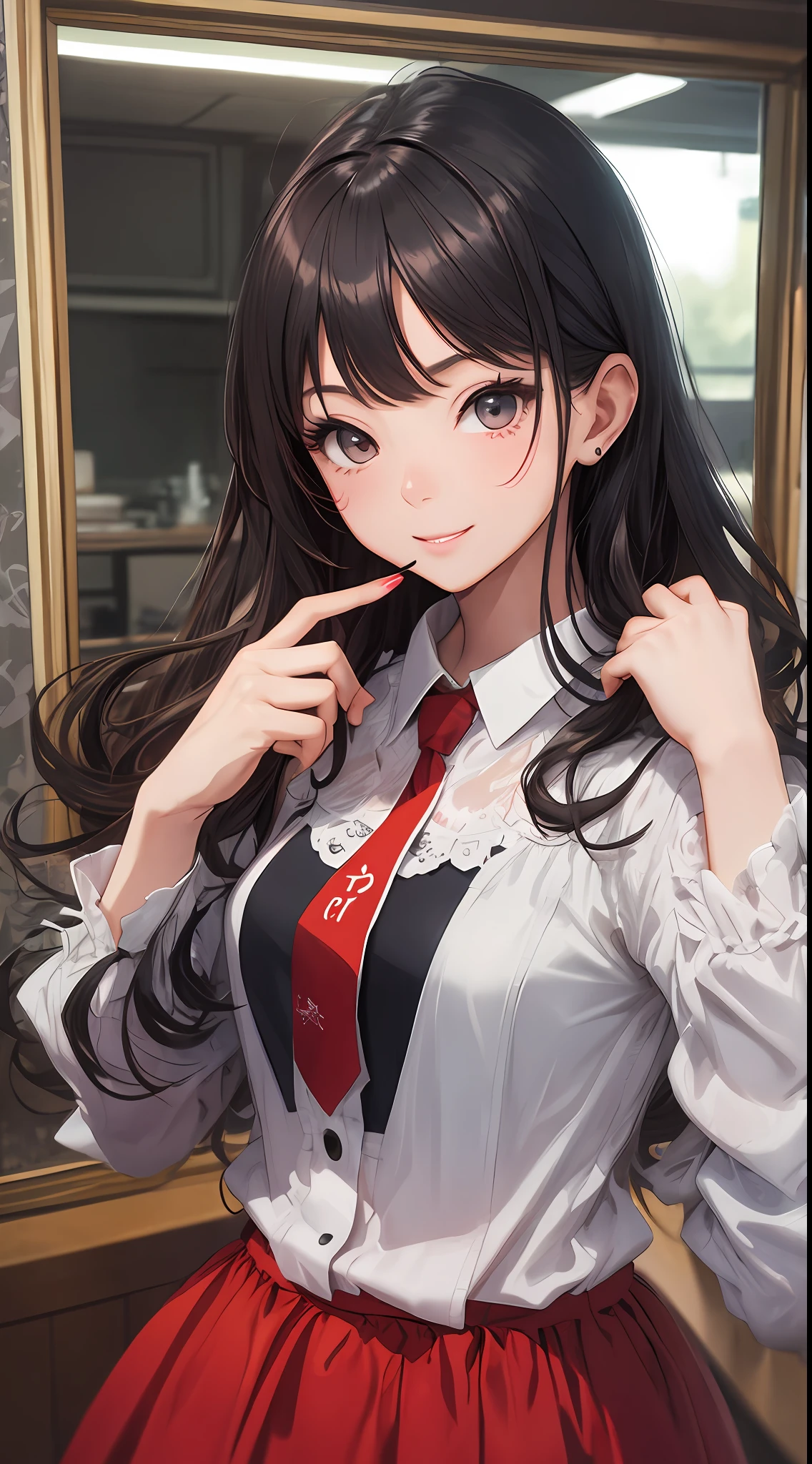top-quality、Masterpiece、Hyperreal Stick、16Kwall-paper、Quality improvement、intricate detailes、Realistic eyes、Finger shape maintenance、Real to the nails、Masterpiece to the smallest detail、perfect anatomia、Third-party perspective、The angle is front、a closeup、girl with、独奏、modeled、Small devil、Cool Beauty、Put your hands forward、Heart shape with fingertips、blouse、White lace、a miniskirt、a red skirt、Hairstyle Long、waved hair、Embarrassing、smil、 Gap Moe、absurderes、 modelshoot、fantastic、happening、impulsive、A natural heroine、Photo resolution: 6000 x 4000 pixels、 format: PNG、 lens: 50mm F1.2、 Focal length: 70mm、 shibori: F2.0、 Shutter Speed: 1/250 second、 ISO: 200 White、balance: Auto Exposure、Correction: +0.5、 The Flash: AB